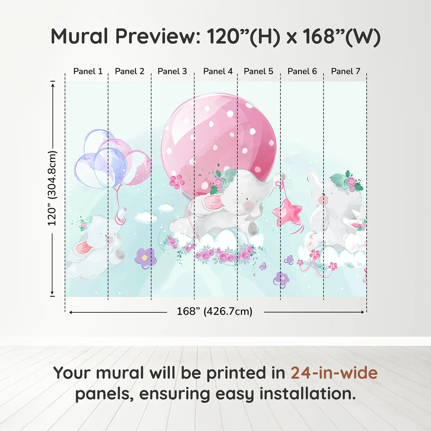 Whimsy Tots Elephant Dreams Wall Muraldimension view (120" H x 168" W). Printed in seven 24-inch-wide panels. Gender-Neutral