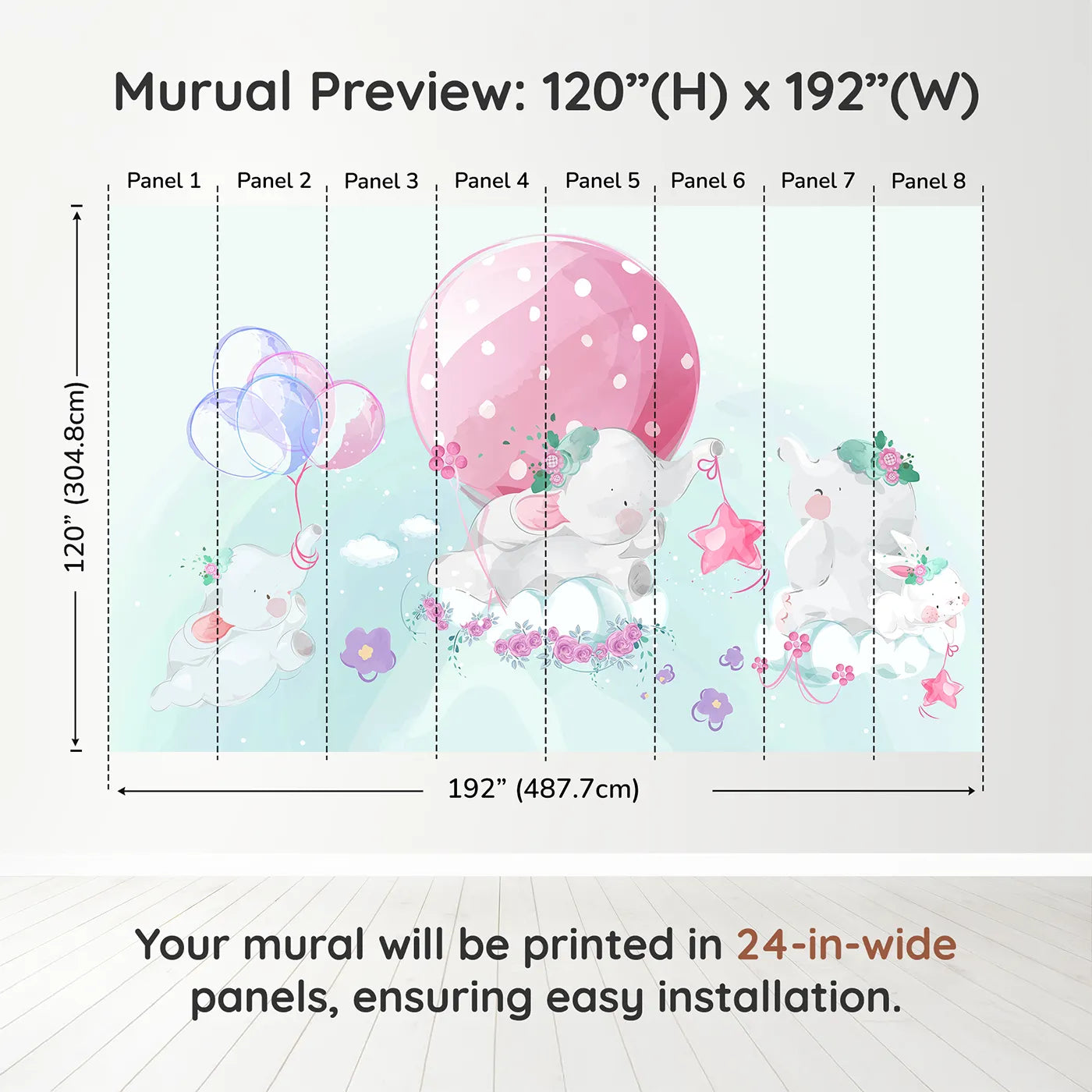 Whimsy Tots Elephant Dreams Wall Muraldimension view (120" H x 192" W). Printed in eight 24-inch-wide panels. Gender-Neutral