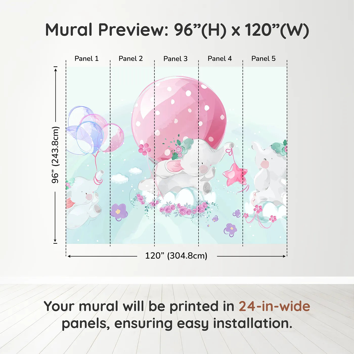 Whimsy Tots Elephant Dreams Wall Muraldimension view (96" H x 120" W). Printed in five 24-inch-wide panels. Gender-Neutral