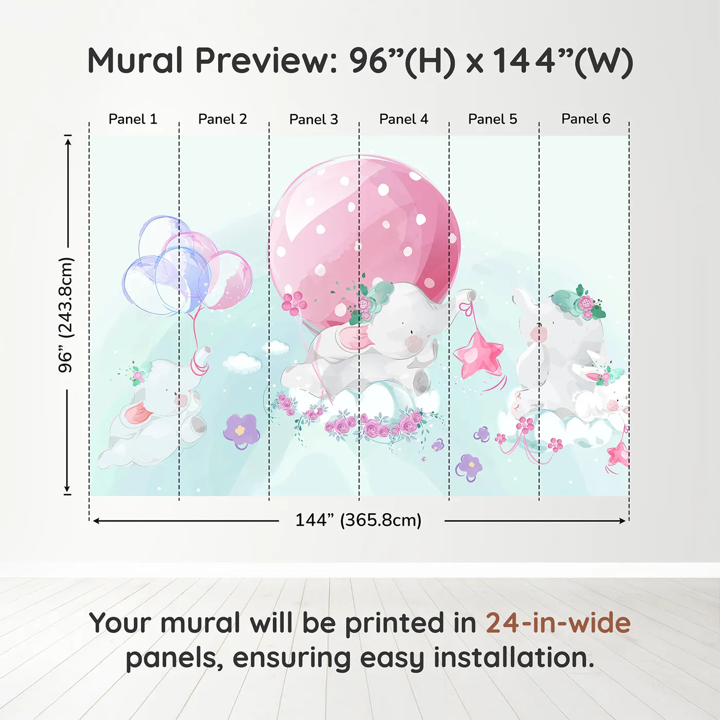 Whimsy Tots Elephant Dreams Wall Muraldimension view (96" H x 144" W). Printed in six 24-inch-wide panels. Gender-Neutral