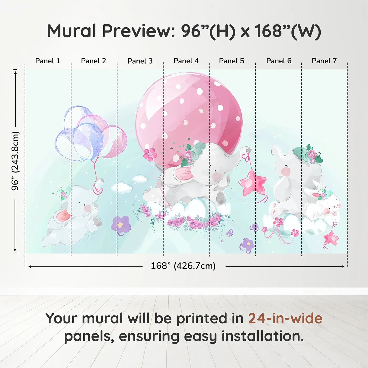 Whimsy Tots Elephant Dreams Wall Muraldimension view (96" H x 168" W). Printed in seven 24-inch-wide panels. Gender-Neutral