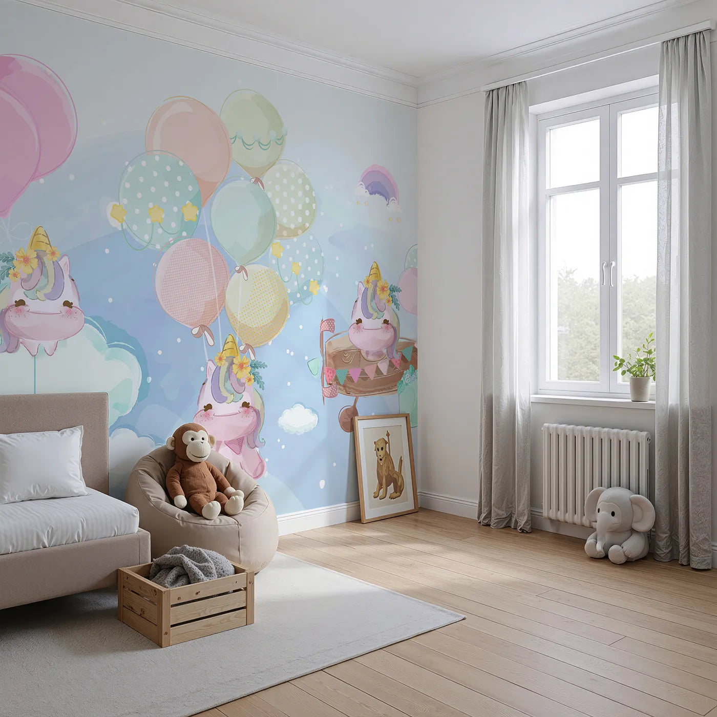 Angled view of Whimsy Tots' Unicorn Sky Party Wall Mural (Turn Their Room into a Magical Pastel Celebration).Best for Girls
