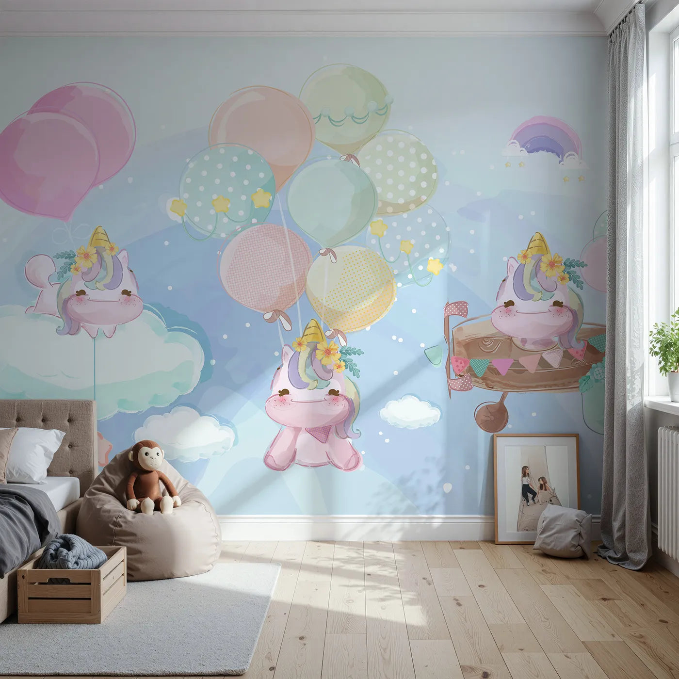 Front view of Whimsy Tots' Unicorn Sky Party Wall Mural