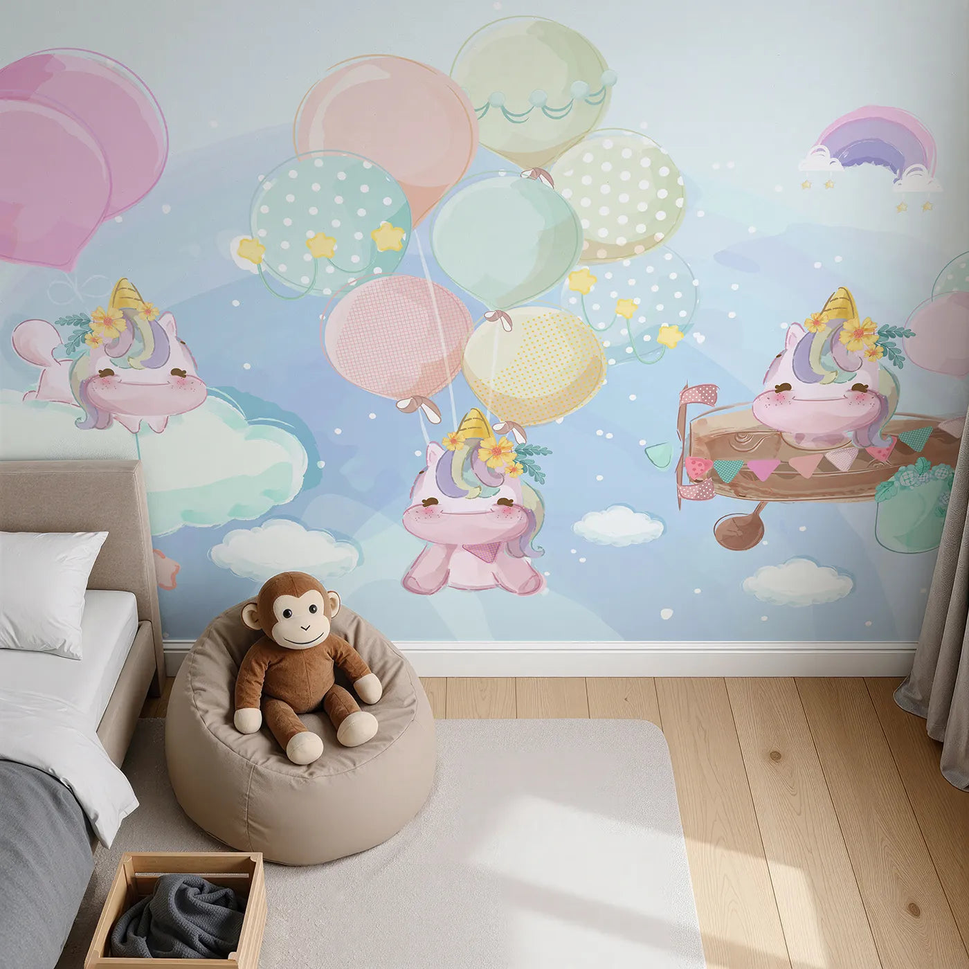 Top-down view of Whimsy Tots' Unicorn Sky Party Wall Mural (Turn Their Room into a Magical Pastel Celebration).Best for Girls