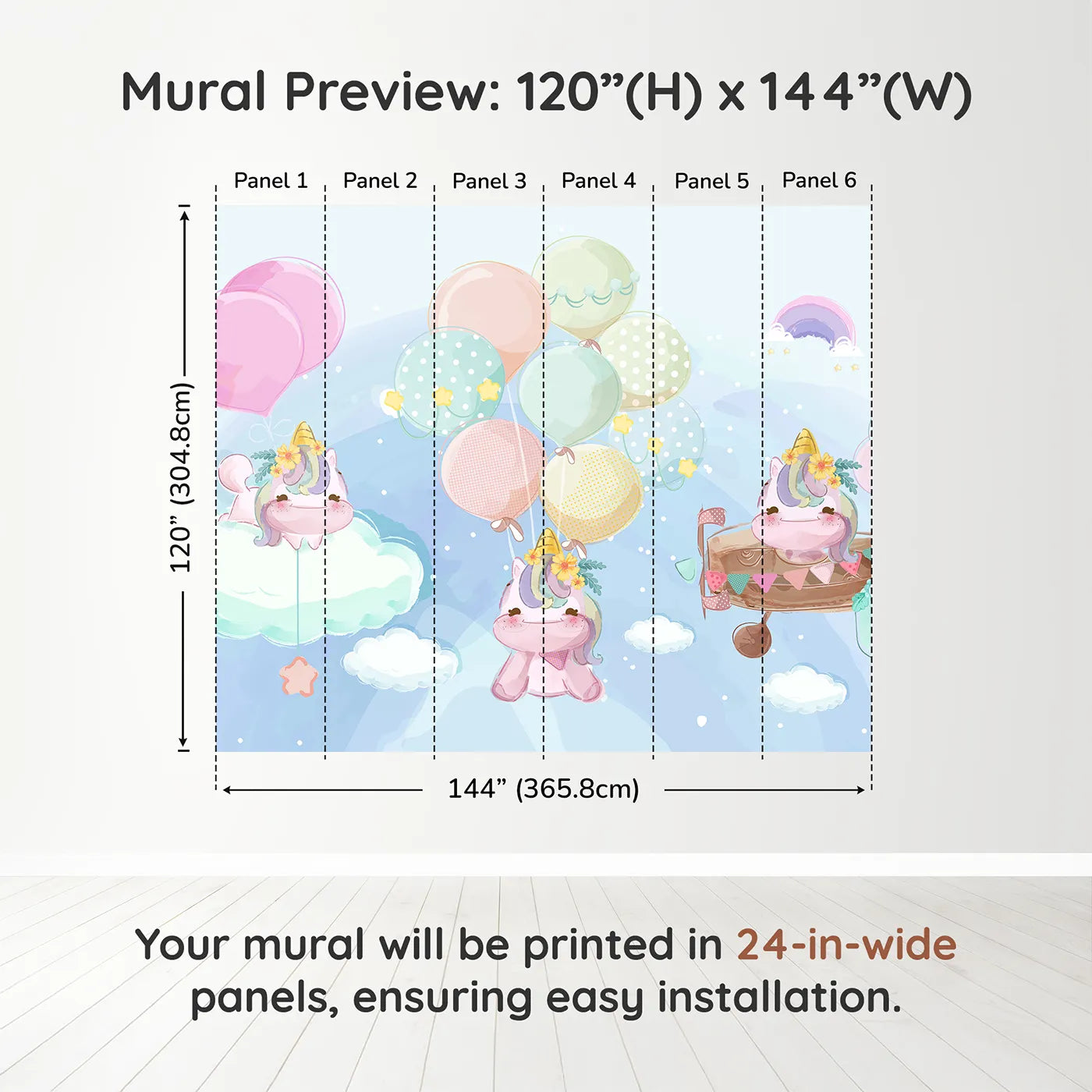 Whimsy Tots Unicorn Sky Party Wall Muraldimension view (120" H x 144" W). Printed in six 24-inch-wide panels. Best for Girls