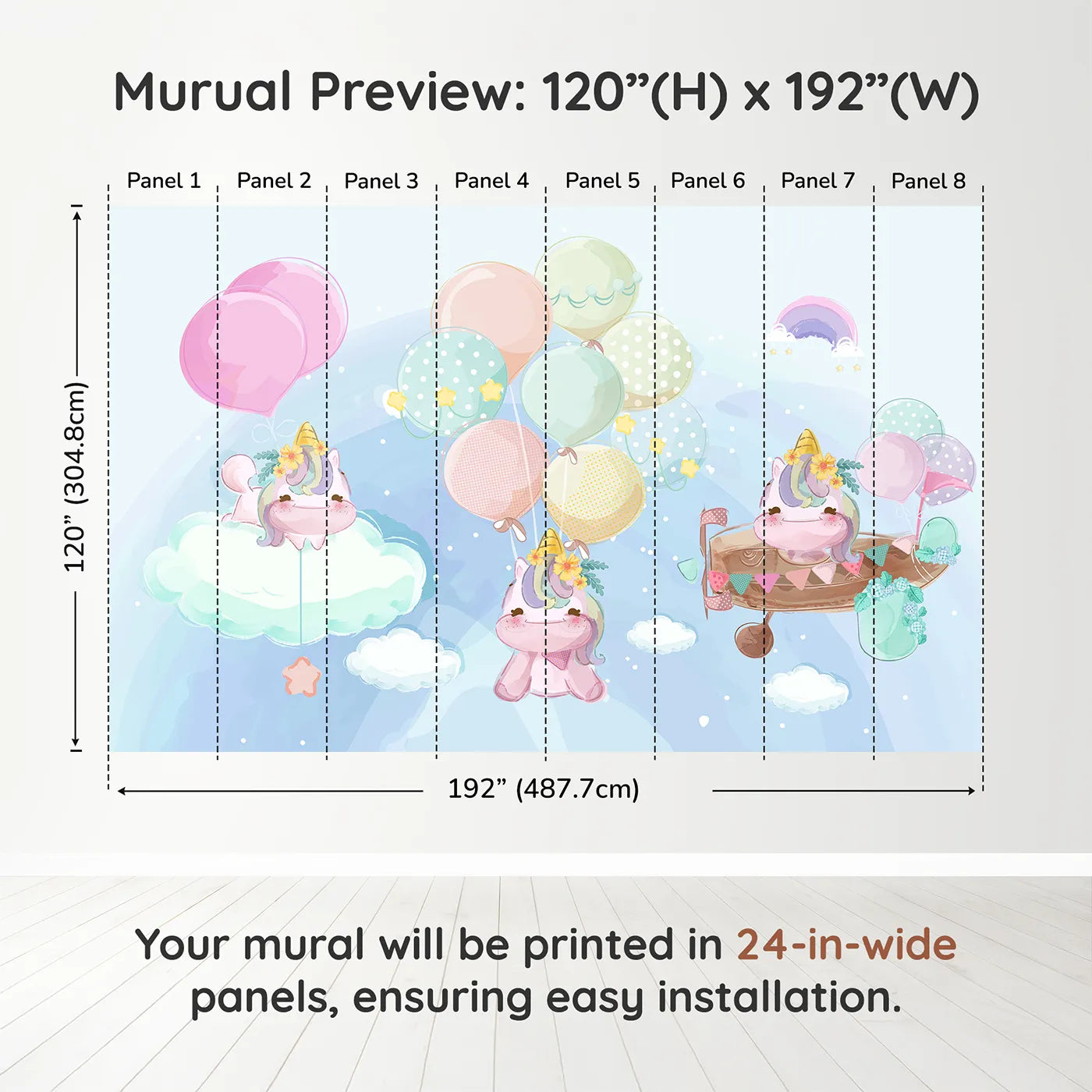 Whimsy Tots Unicorn Sky Party Wall Muraldimension view (120" H x 192" W). Printed in eight 24-inch-wide panels. Best for Girls
