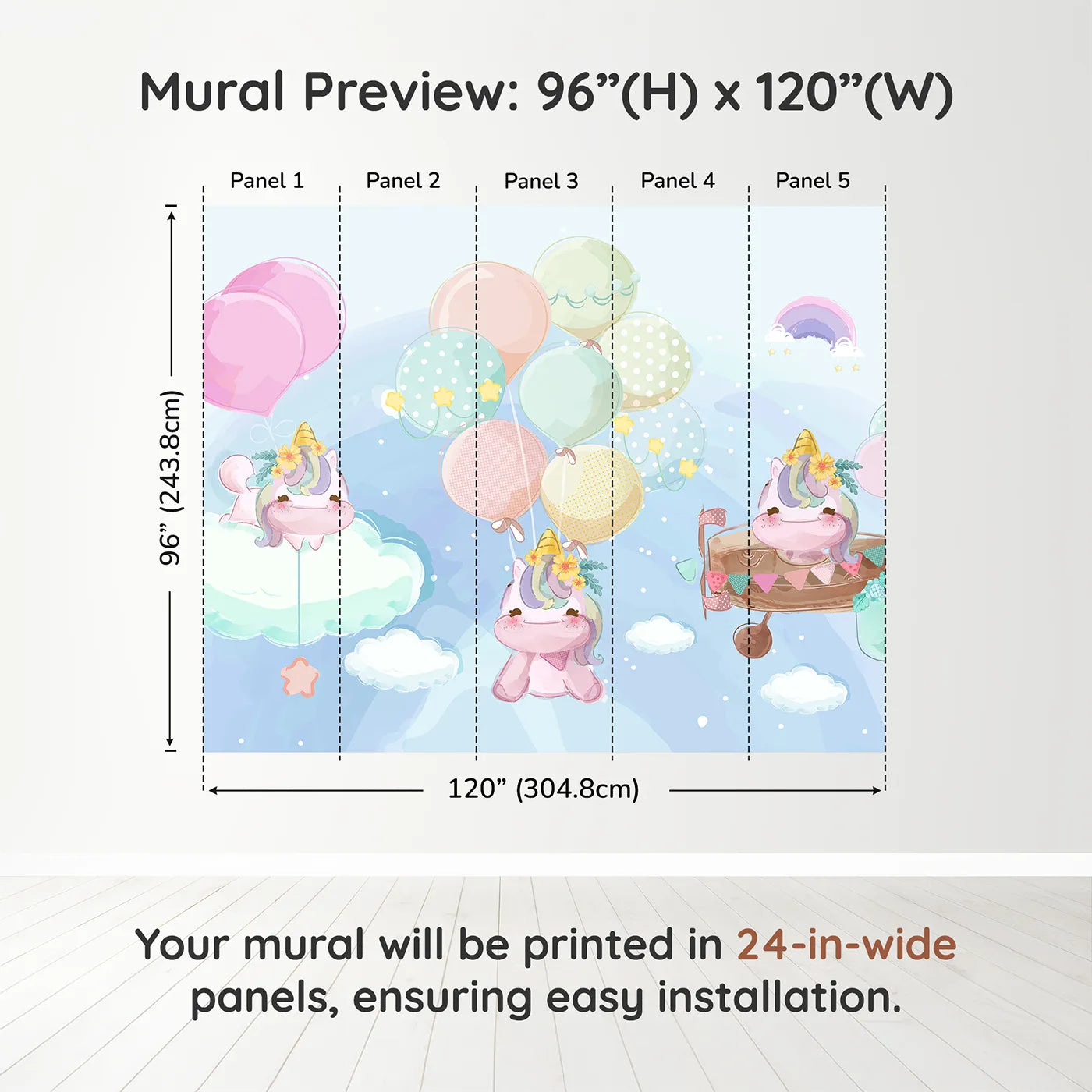 Whimsy Tots Unicorn Sky Party Wall Muraldimension view (96" H x 120" W). Printed in five 24-inch-wide panels. Best for Girls
