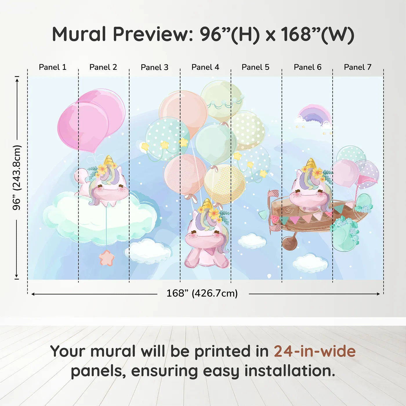 Whimsy Tots Unicorn Sky Party Wall Muraldimension view (96" H x 168" W). Printed in seven 24-inch-wide panels. Best for Girls
