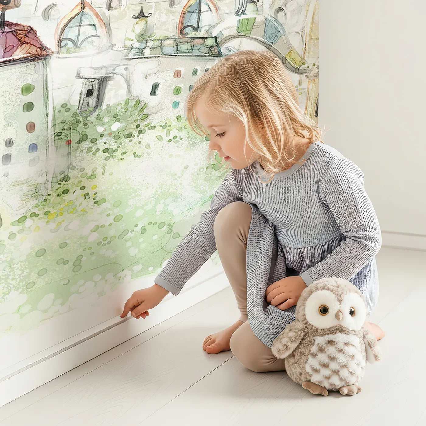 Child in front of Whimsy Tots Fairytale Kingdom Wall Mural with castle, fairytale, fantasy, kingdom, magic, sun, children, animal in design.