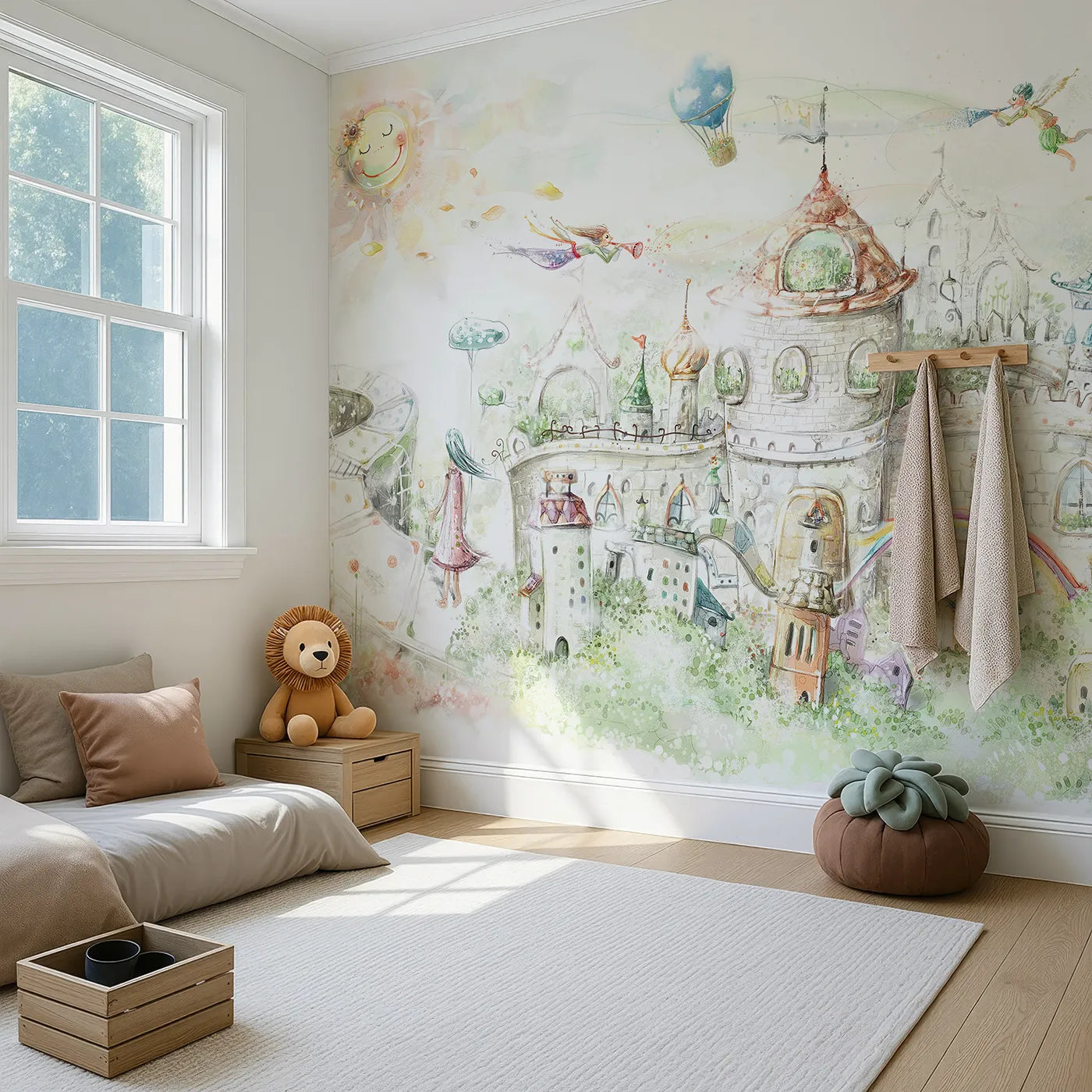 Angled view of Whimsy Tots' Fairytale Kingdom Wall Mural (Turn Their Room into a Sprawling Magical World).Gender-Neutral