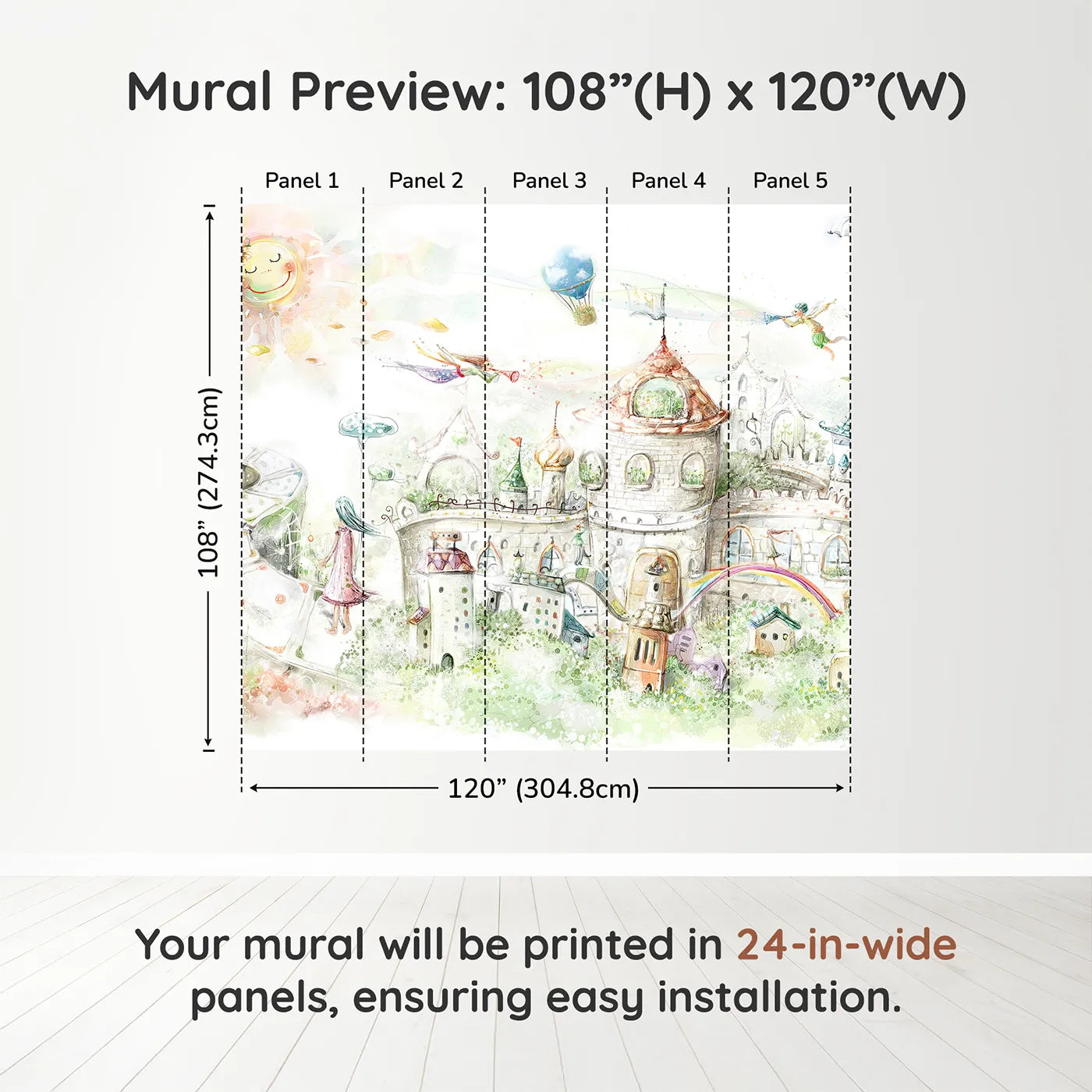 Whimsy Tots Fairytale Kingdom Wall Muraldimension view (108" H x 120" W). Printed in five 24-inch-wide panels. Gender-Neutral