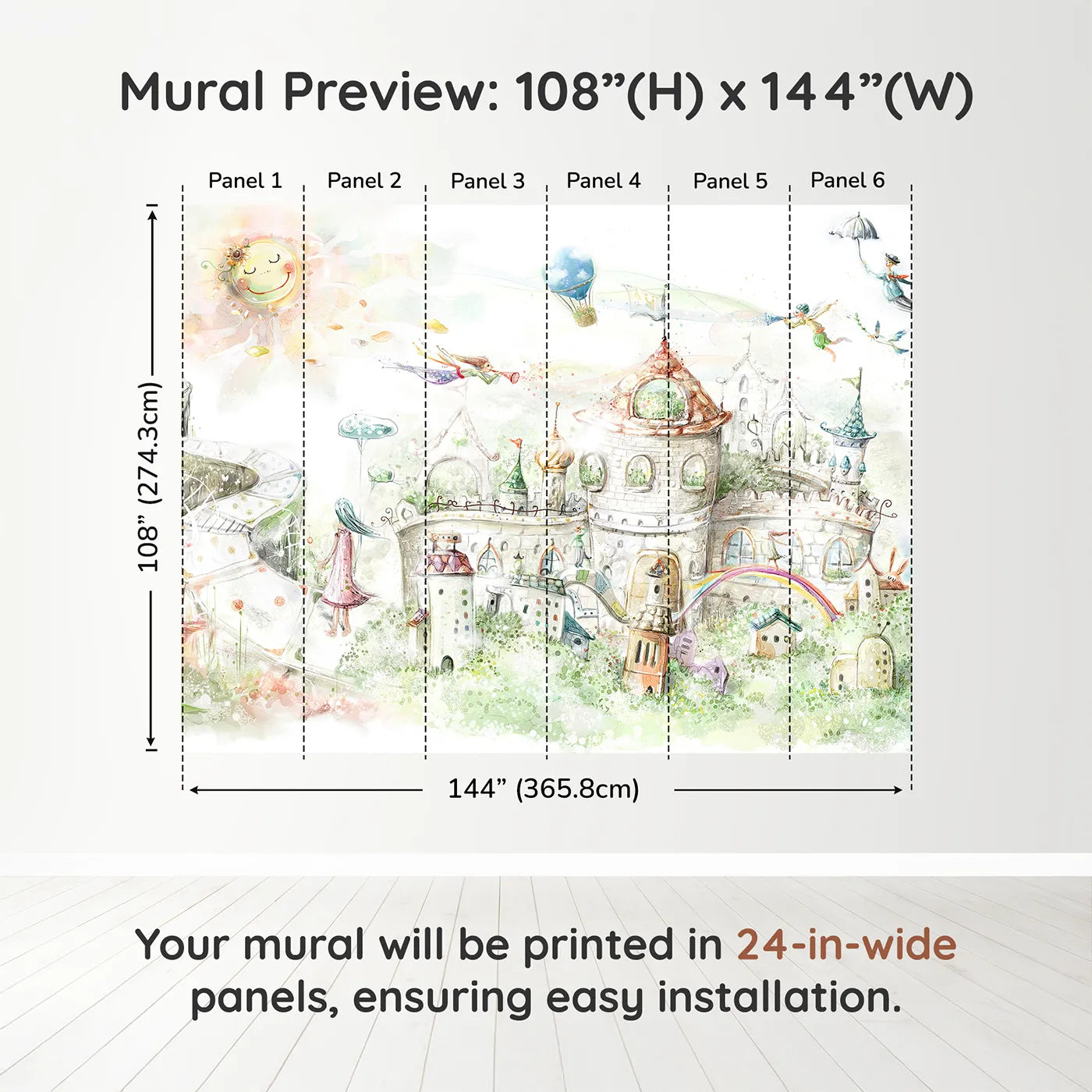 Whimsy Tots Fairytale Kingdom Wall Muraldimension view (108" H x 144" W). Printed in six 24-inch-wide panels. Gender-Neutral