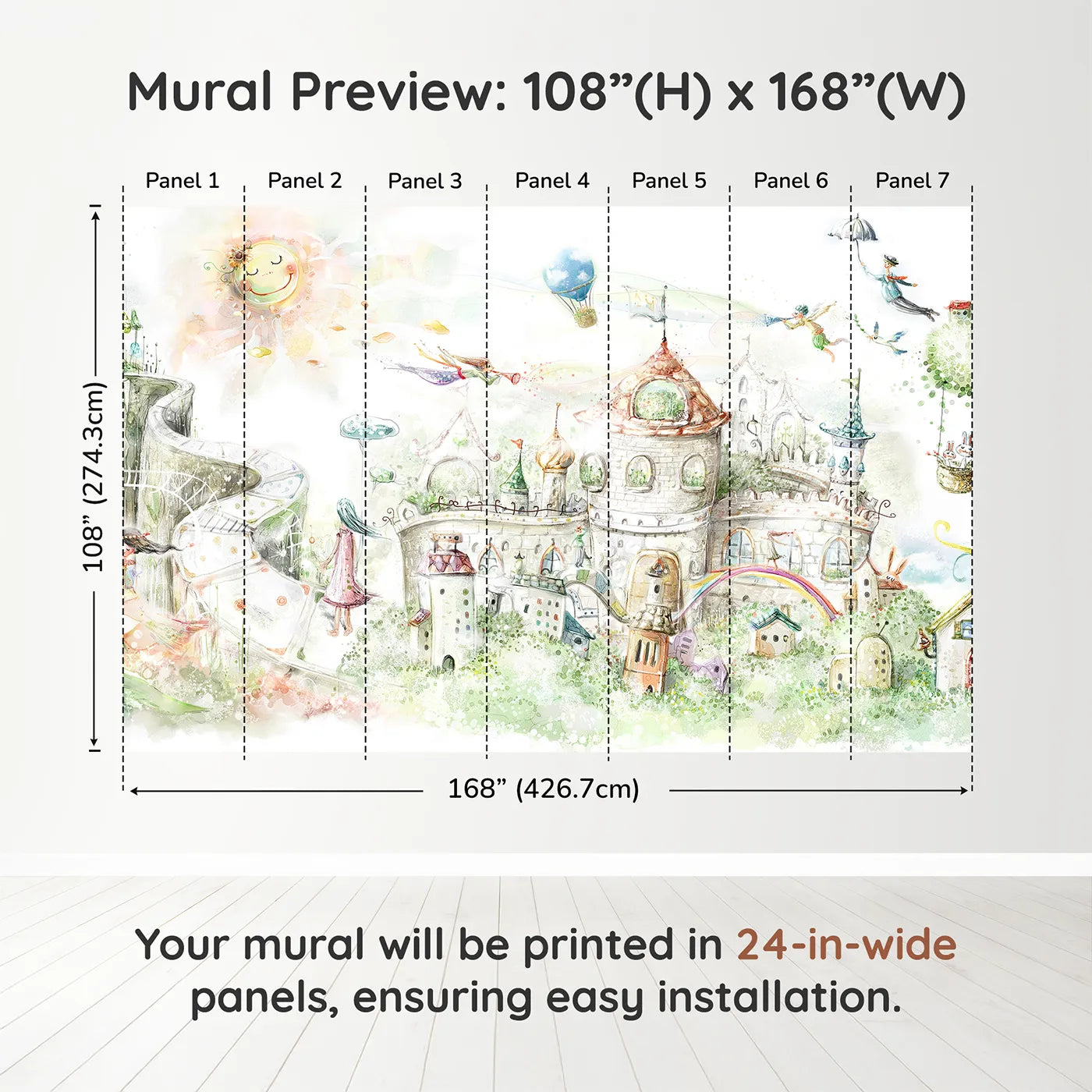 Whimsy Tots Fairytale Kingdom Wall Muraldimension view (108" H x 168" W). Printed in seven 24-inch-wide panels. Gender-Neutral