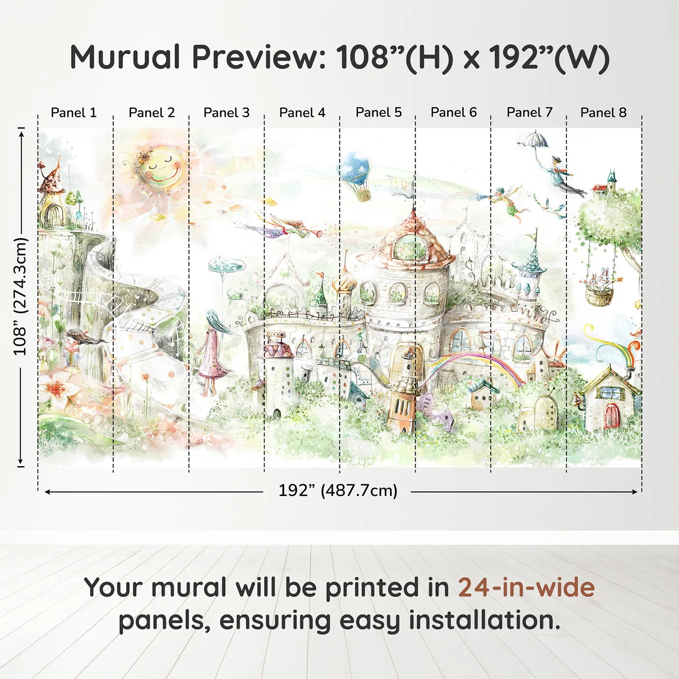 Whimsy Tots Fairytale Kingdom Wall Muraldimension view (108" H x 192" W). Printed in eight 24-inch-wide panels. Gender-Neutral