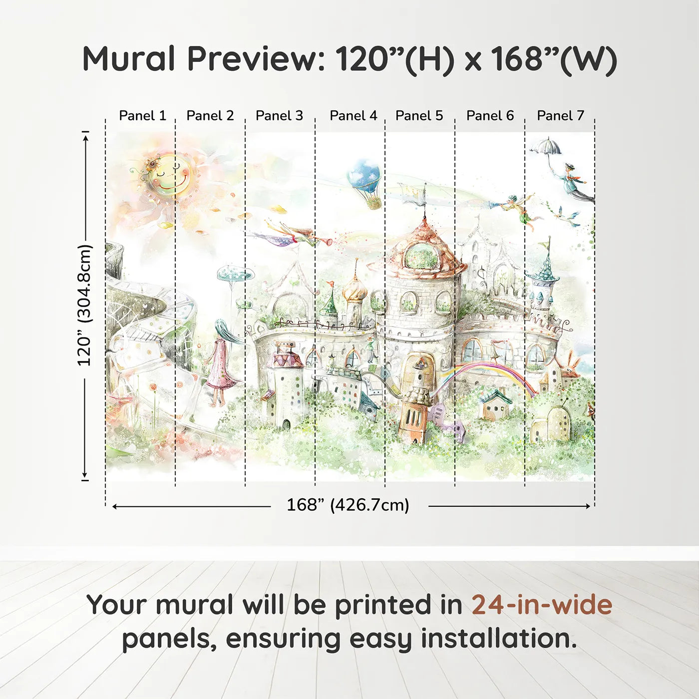 Whimsy Tots Fairytale Kingdom Wall Muraldimension view (120" H x 168" W). Printed in seven 24-inch-wide panels. Gender-Neutral