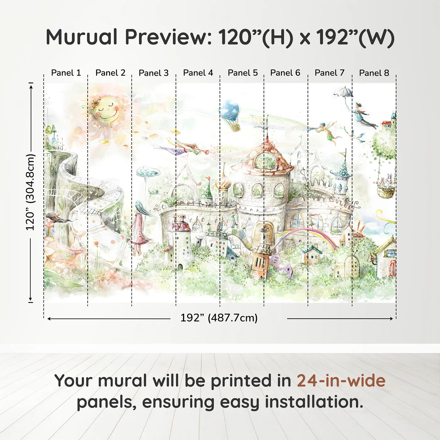Whimsy Tots Fairytale Kingdom Wall Muraldimension view (120" H x 192" W). Printed in eight 24-inch-wide panels. Gender-Neutral
