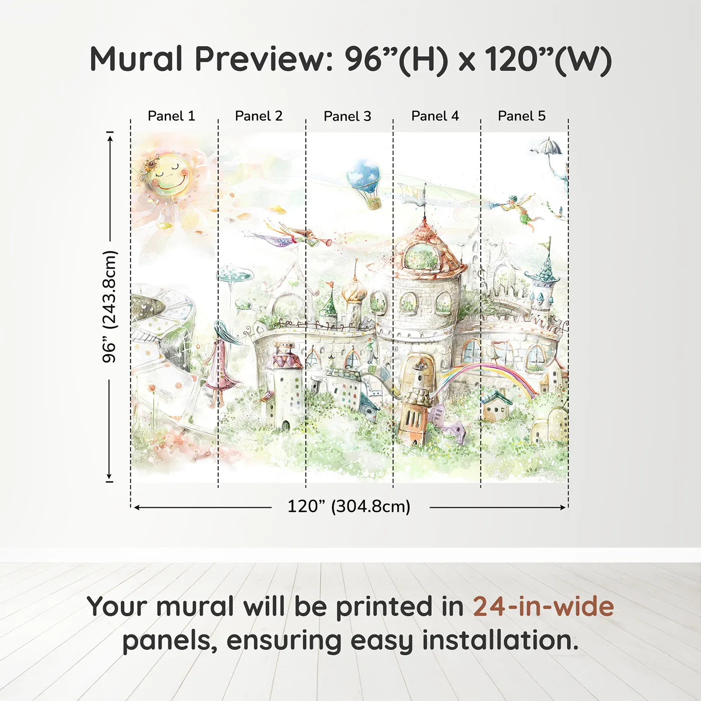 Whimsy Tots Fairytale Kingdom Wall Muraldimension view (96" H x 120" W). Printed in five 24-inch-wide panels. Gender-Neutral
