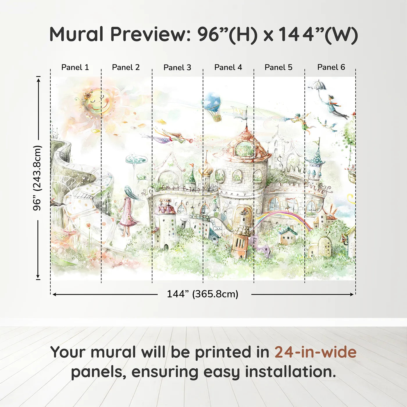 Whimsy Tots Fairytale Kingdom Wall Muraldimension view (96" H x 144" W). Printed in six 24-inch-wide panels. Gender-Neutral