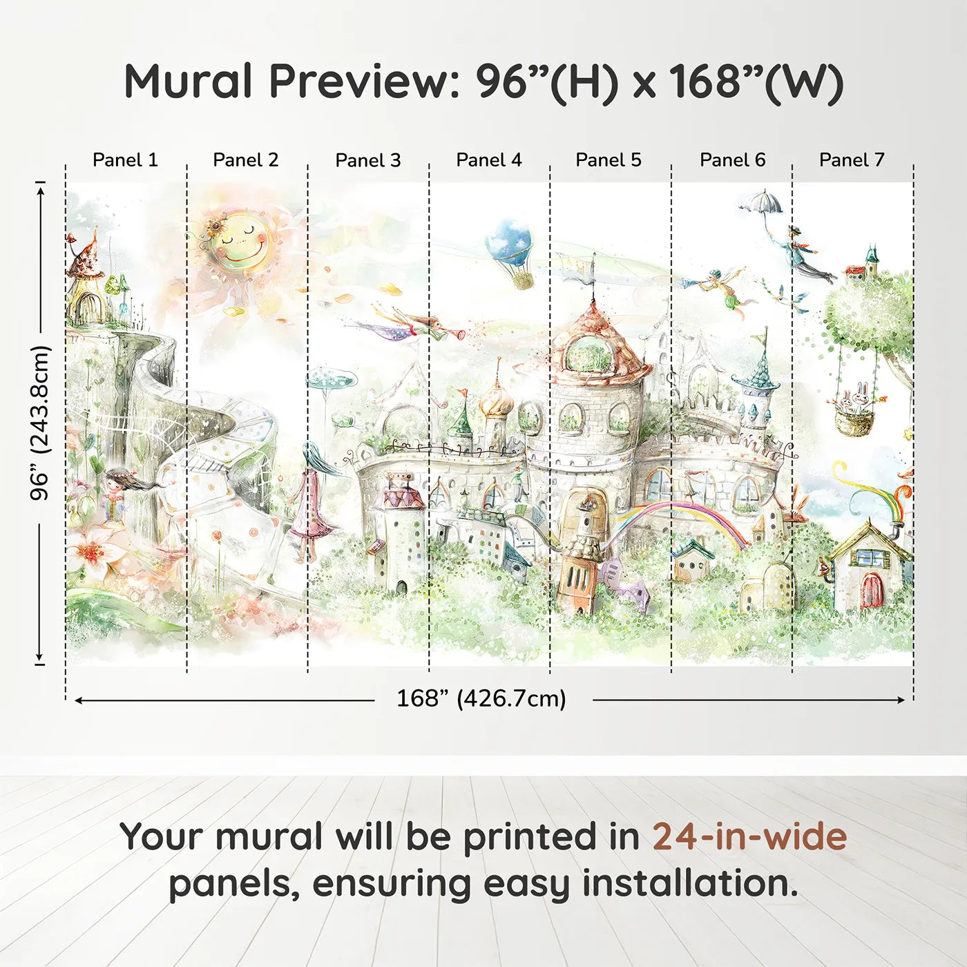 Whimsy Tots Fairytale Kingdom Wall Muraldimension view (96" H x 168" W). Printed in seven 24-inch-wide panels. Gender-Neutral
