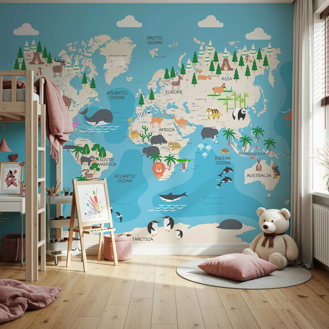 Front view of Whimsy Tots' Animal World Map Adventure Wall Mural