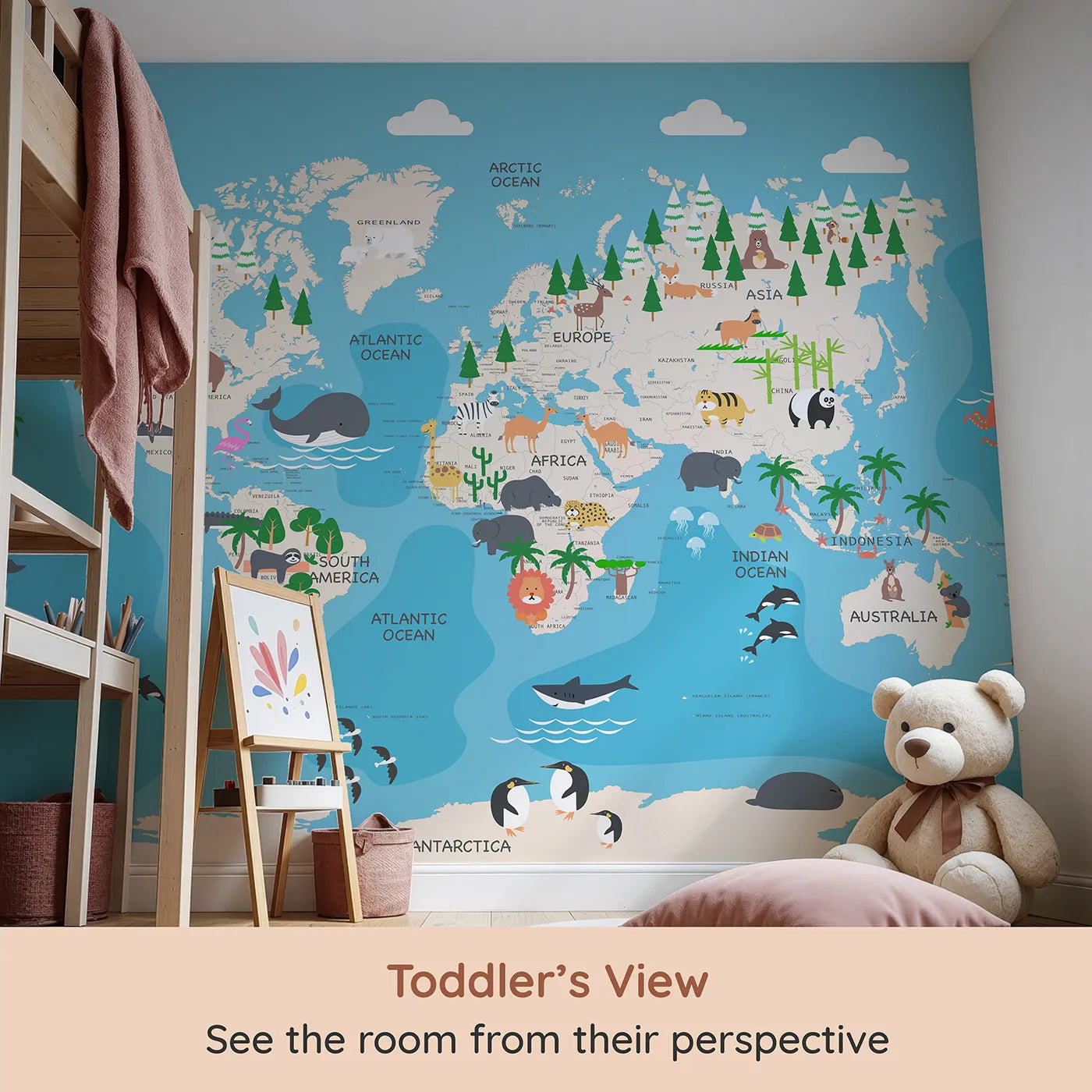 Whimsy Tots Animal World Map Adventure Wall Mural (Turn Their Room into a Trip Around the Globe) from your child's view.Gender-Neutral
