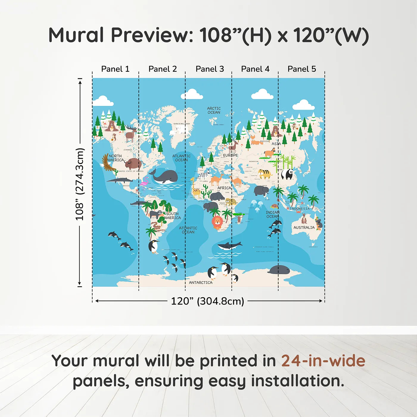 Whimsy Tots Animal World Map Adventure Wall Muraldimension view (108" H x 120" W). Printed in five 24-inch-wide panels. Gender-Neutral