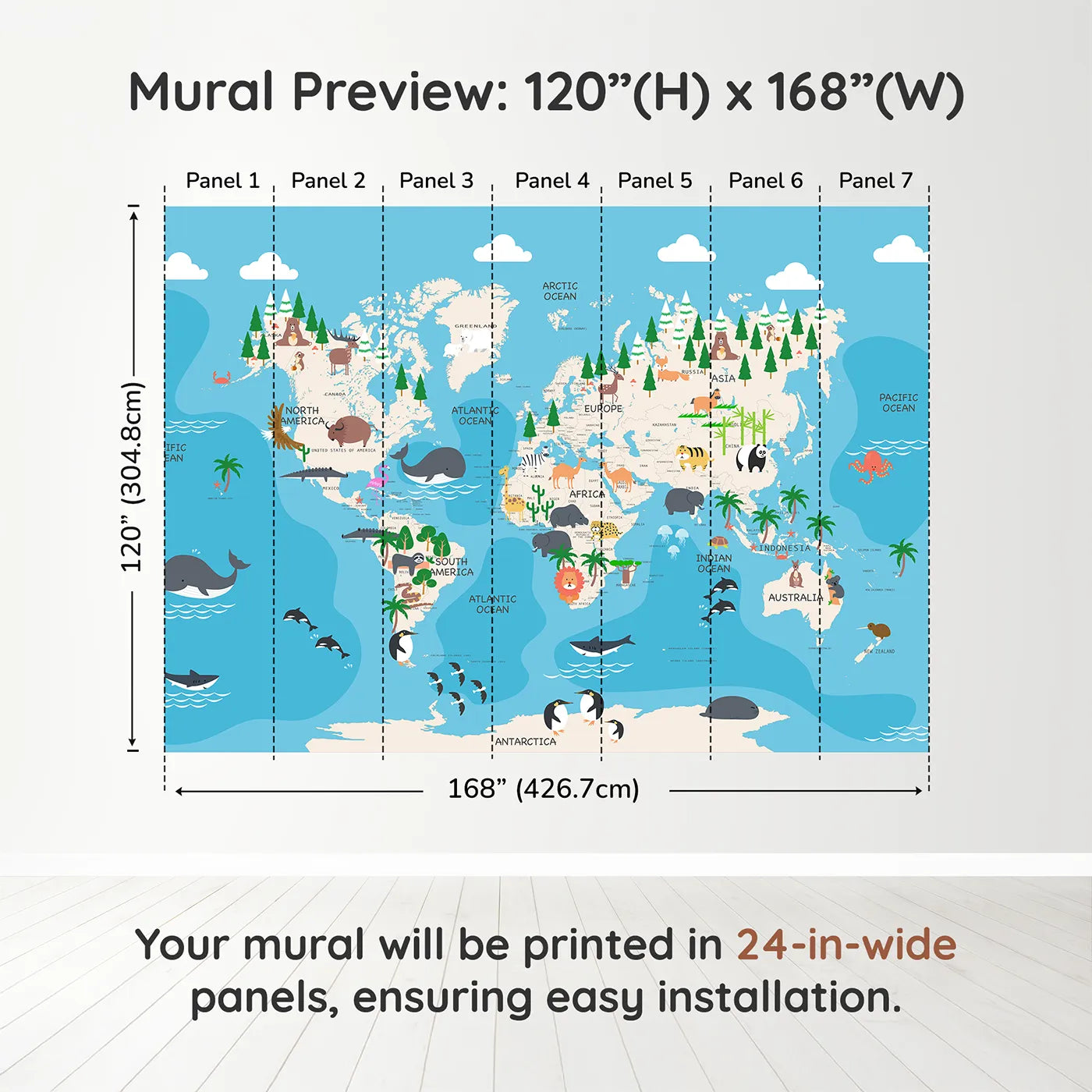 Whimsy Tots Animal World Map Adventure Wall Muraldimension view (120" H x 168" W). Printed in seven 24-inch-wide panels. Gender-Neutral
