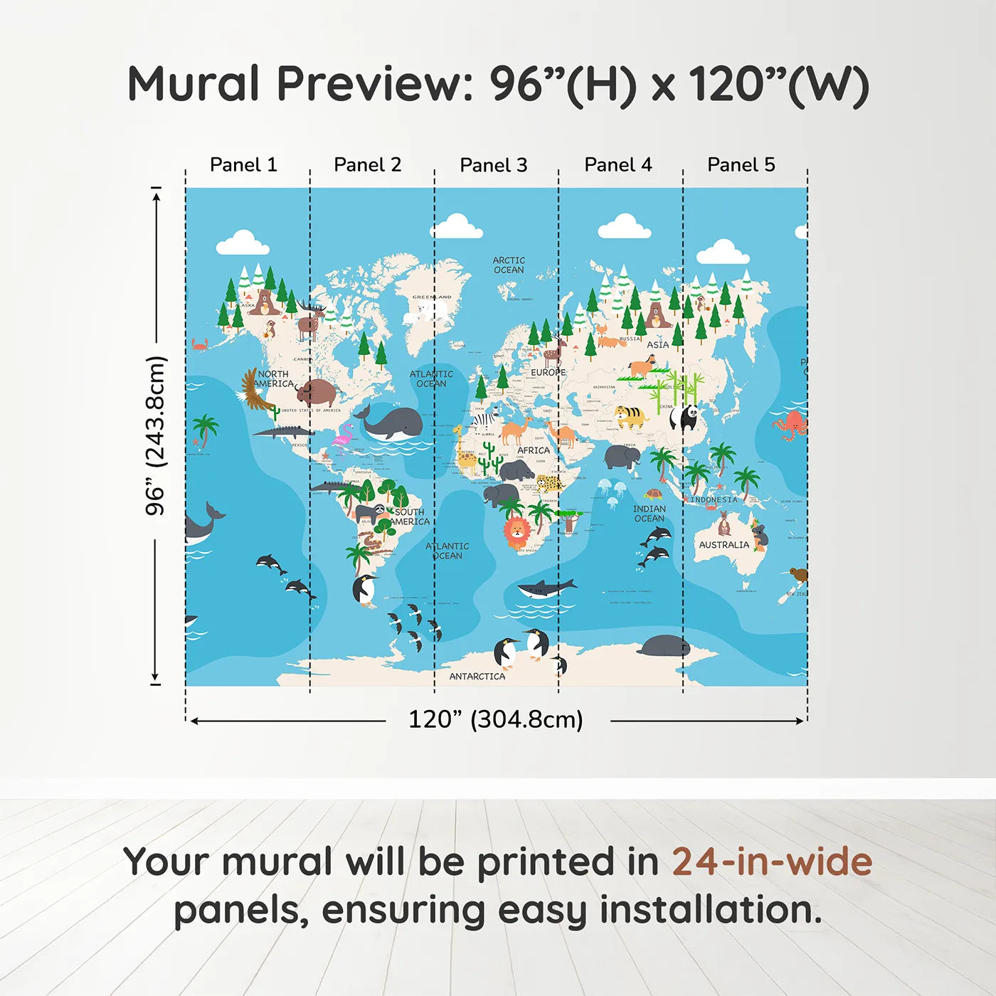 Whimsy Tots Animal World Map Adventure Wall Muraldimension view (96" H x 120" W). Printed in five 24-inch-wide panels. Gender-Neutral