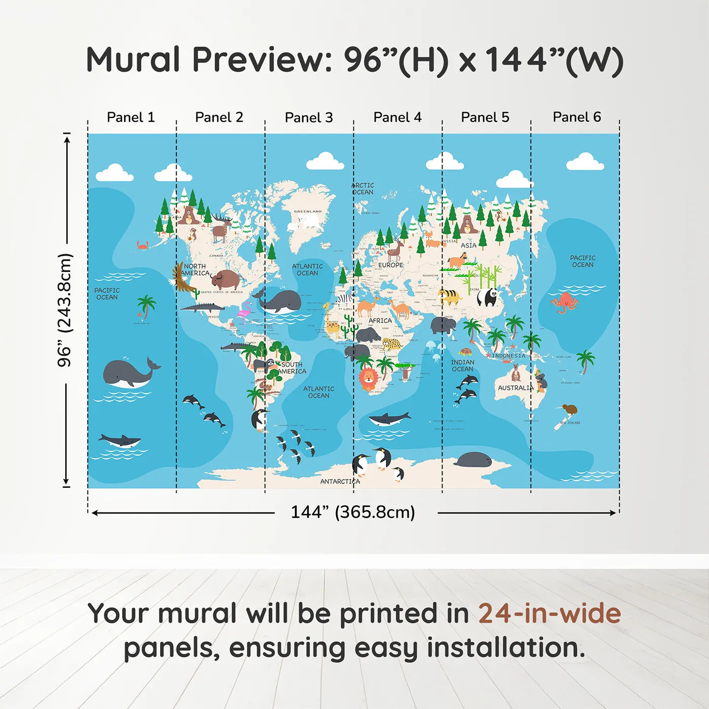 Whimsy Tots Animal World Map Adventure Wall Muraldimension view (96" H x 144" W). Printed in six 24-inch-wide panels. Gender-Neutral