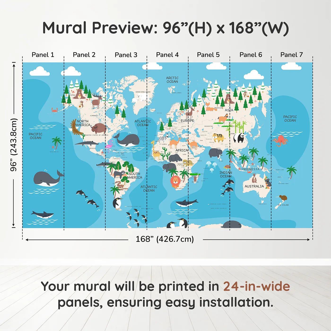 Whimsy Tots Animal World Map Adventure Wall Muraldimension view (96" H x 168" W). Printed in seven 24-inch-wide panels. Gender-Neutral