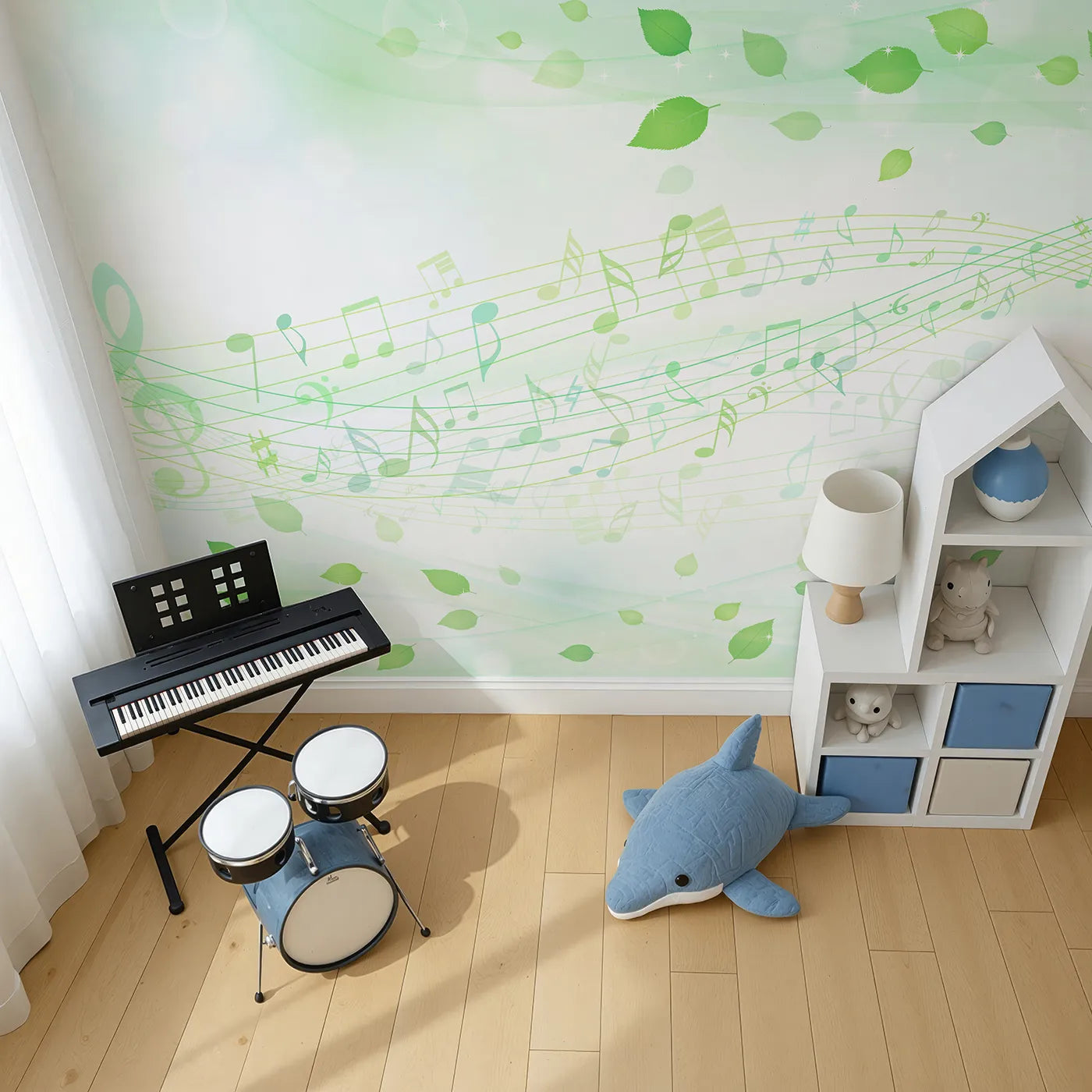 Top-down view of Whimsy Tots' Whispering Leaves Melody Wall Mural (Turn Their Room into a Gentle, Musical Breeze).Gender-Neutral