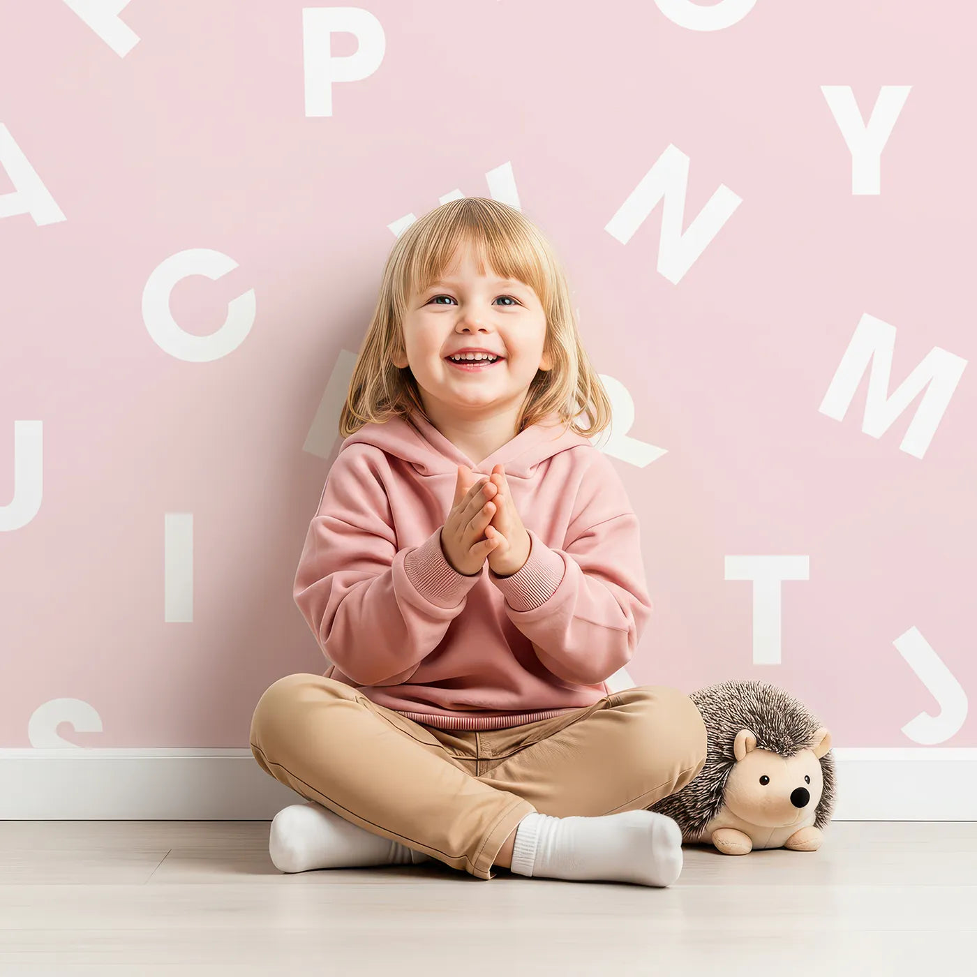Child in front of Whimsy Tots Sweet Alphabet Wall Mural in Pink with alphabet, letter, abc, pink, white, pattern, learn, typography in design.