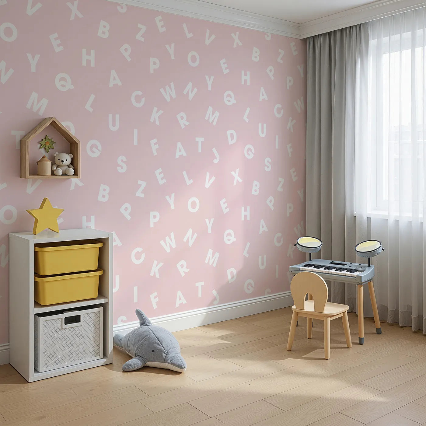 Angled view of Whimsy Tots' Sweet Alphabet Wall Mural in Pink (Turn Their Room into a Place to Learn and Play).Best for Girls
