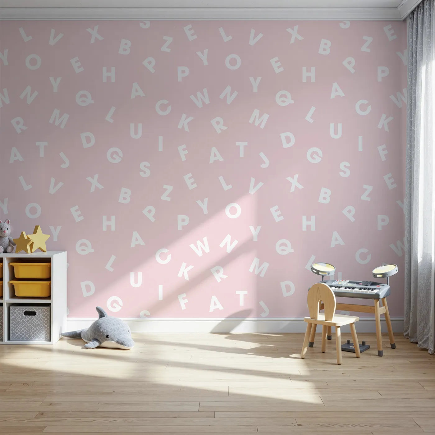 Front view of Whimsy Tots' Sweet Alphabet Wall Mural in Pink