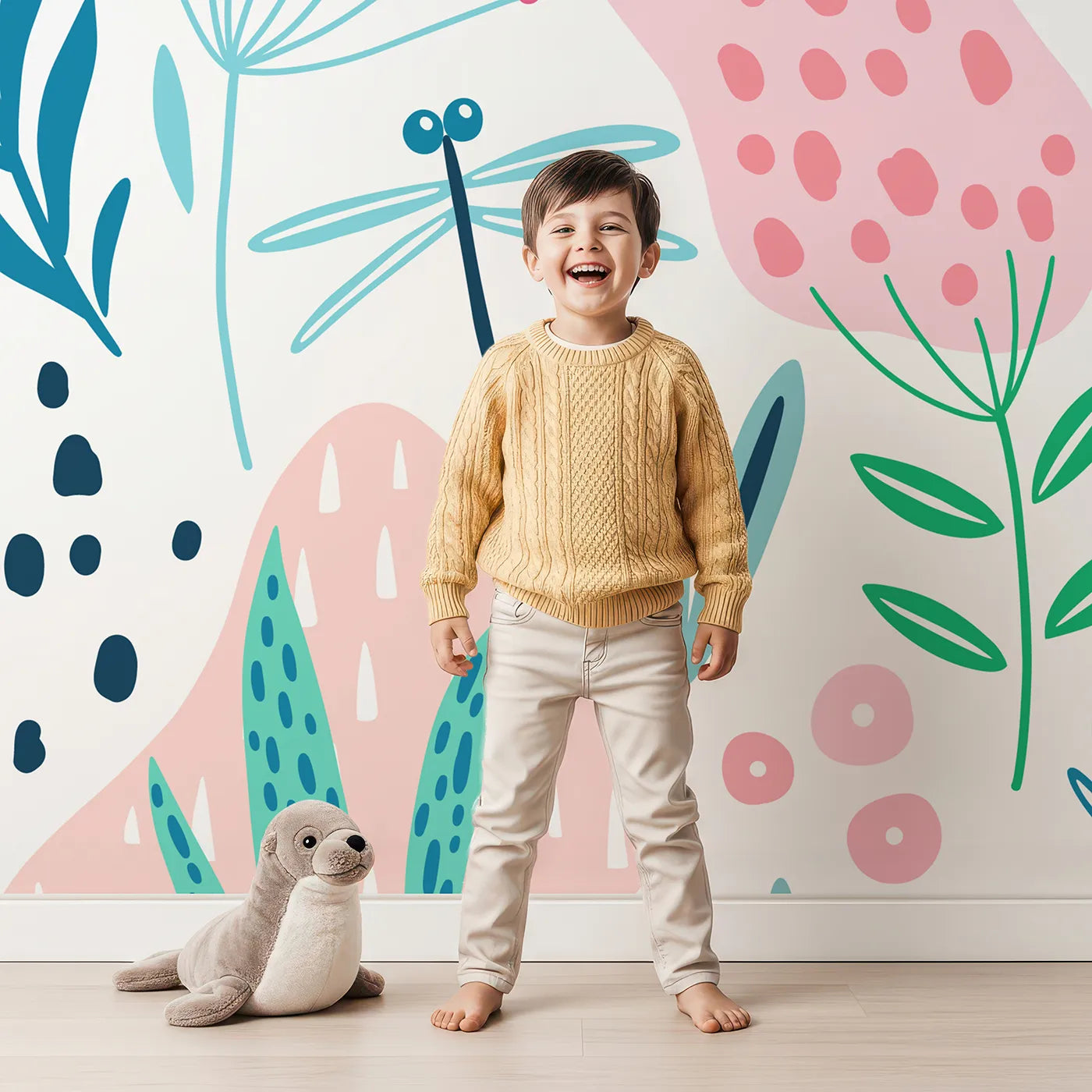 Child in front of Whimsy Tots Folksy Garden Bugs Wall Mural with flower, bug, butterfly, dragonfly, garden, nature, colorful, folk art in design.