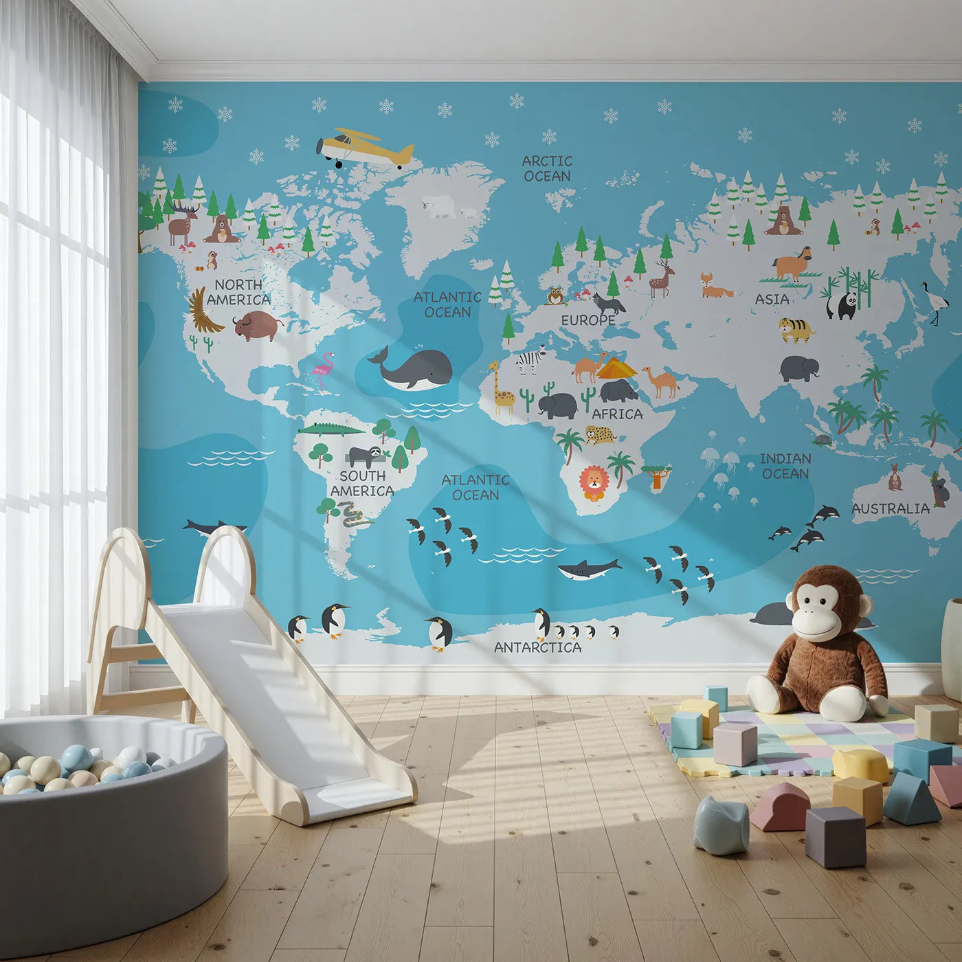 Front view of Whimsy Tots' Winter World Map Adventure Wall Mural