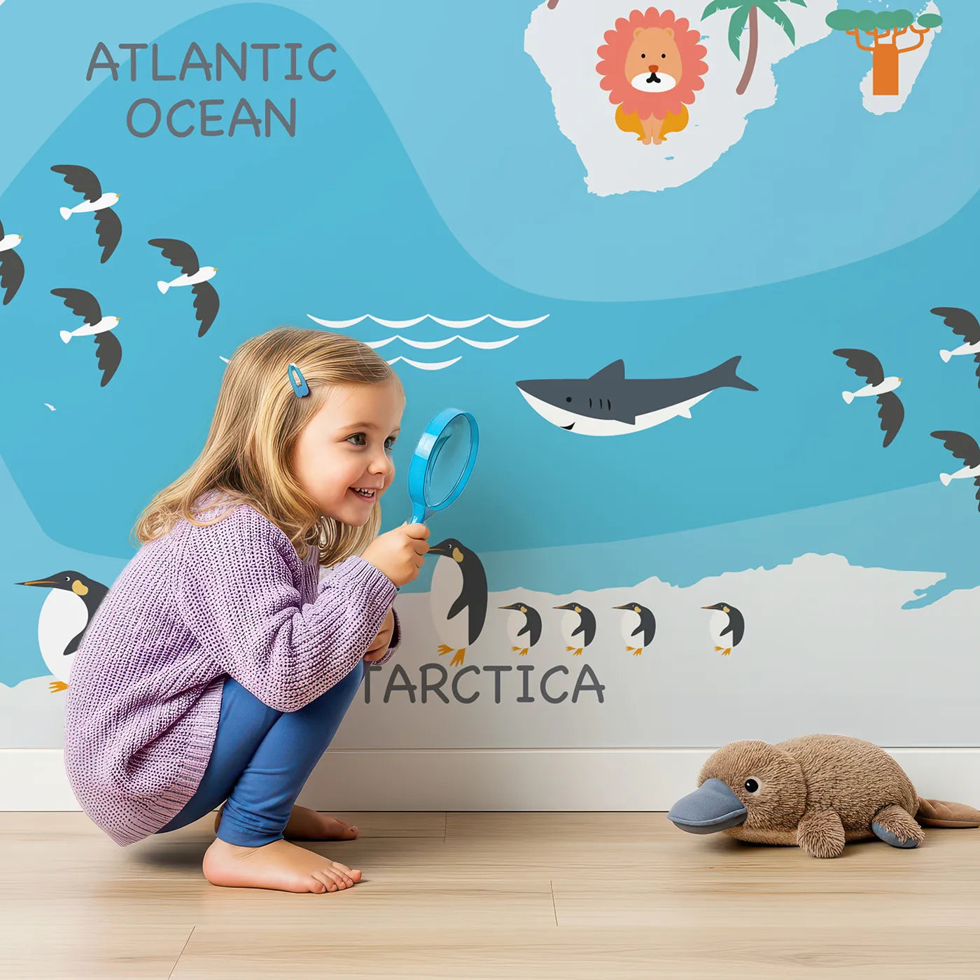 Child in front of Whimsy Tots Winter World Map Adventure Wall Mural with map, world, animal, snow, winter, travel, educational, cartoon in design.