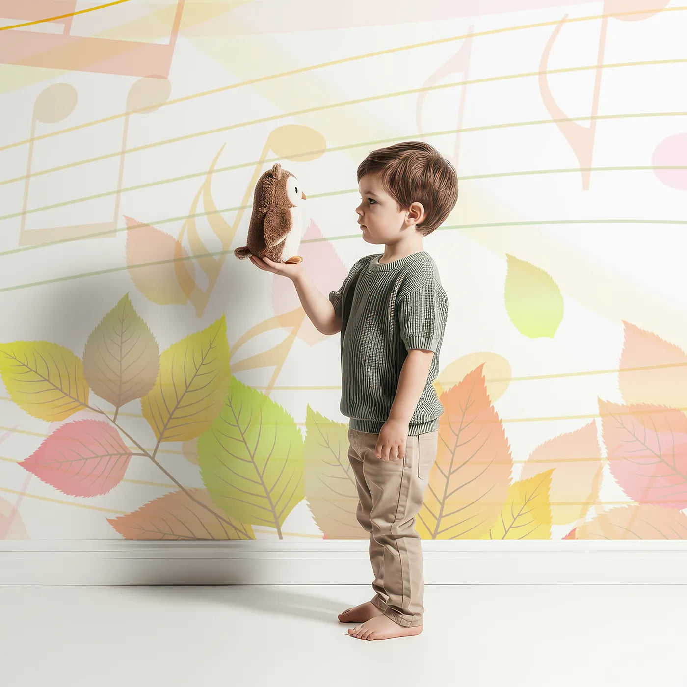 Child in front of Whimsy Tots Autumn Song Wall Mural with autumn, music, leaf, note, fall, orange, yellow, melody in design.