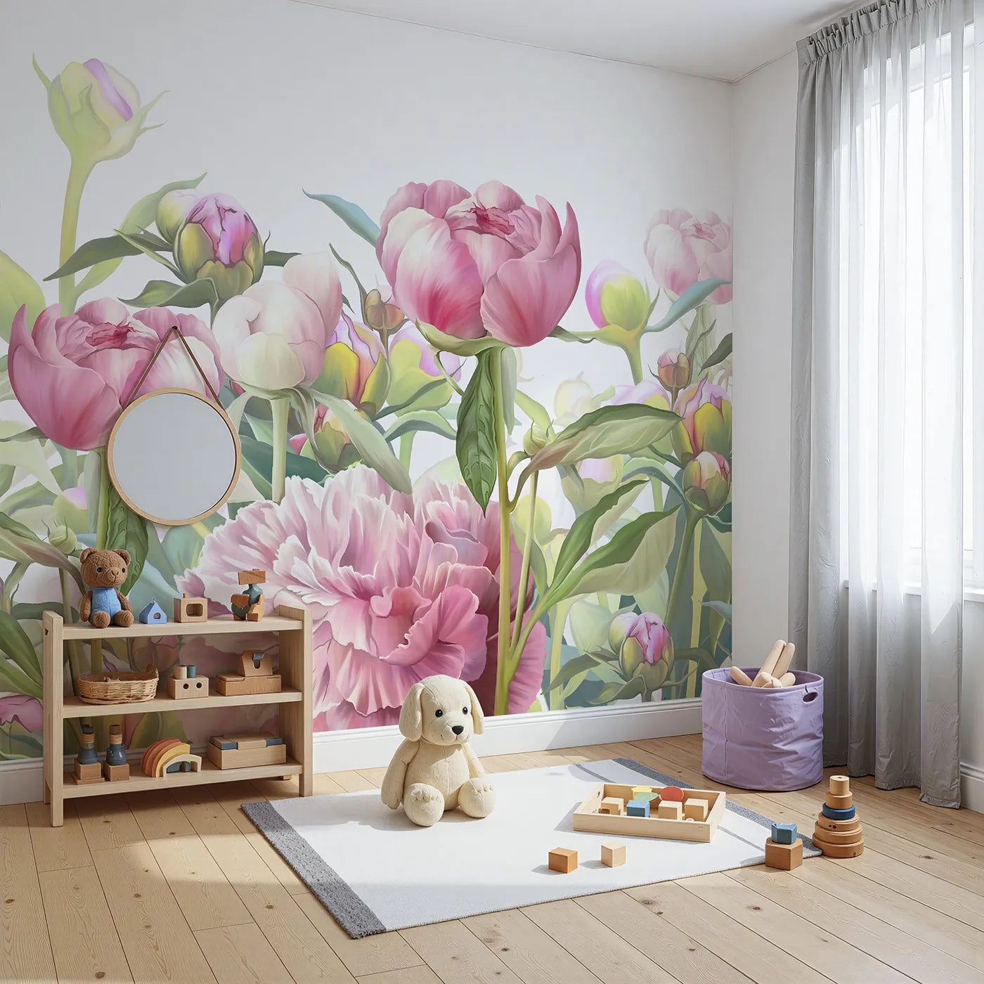 Angled view of Whimsy Tots' Pink Peony Garden Wall Mural (Turn Their Room into a Breathtaking Peony Garden).Best for Girls