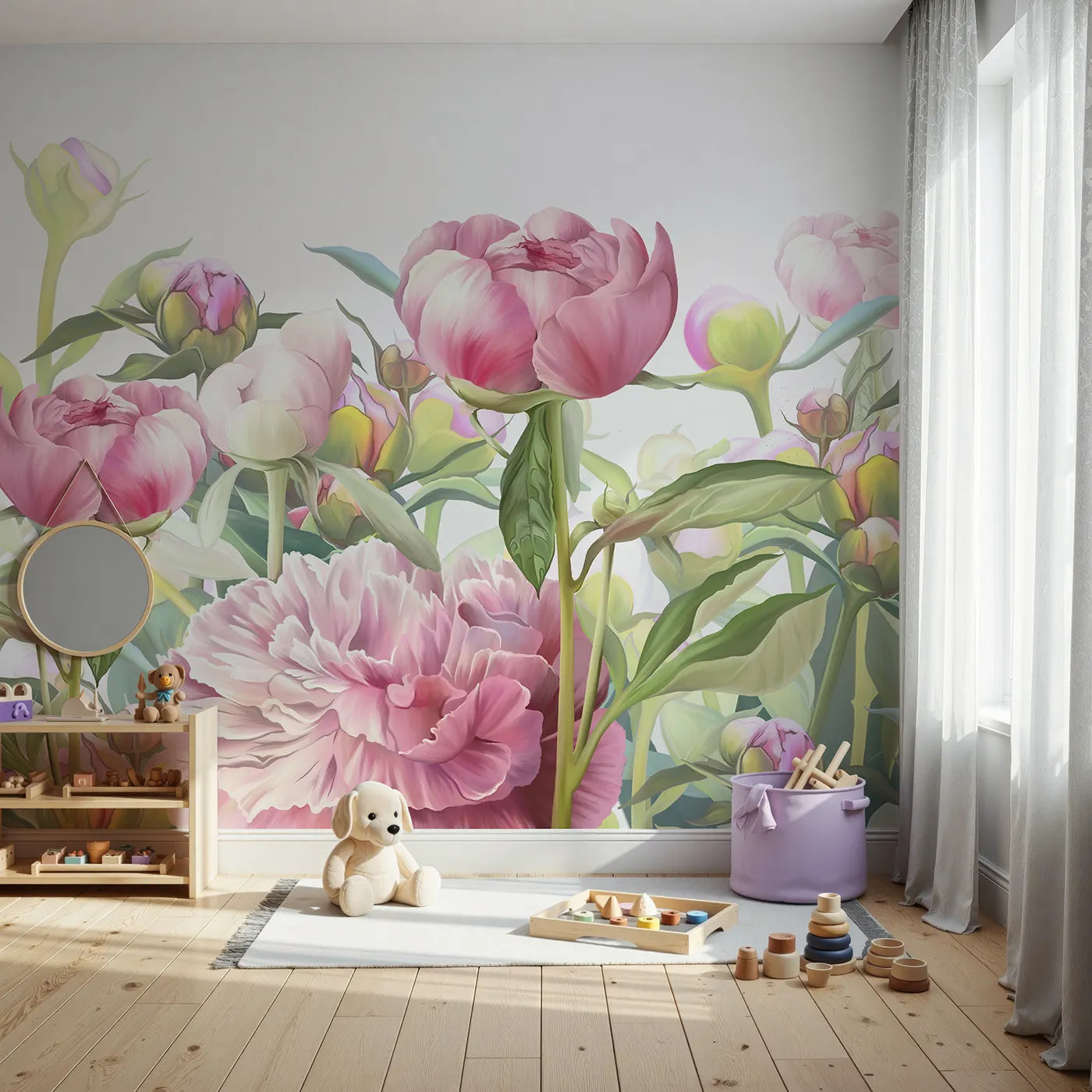 Front view of Whimsy Tots' Pink Peony Garden Wall Mural