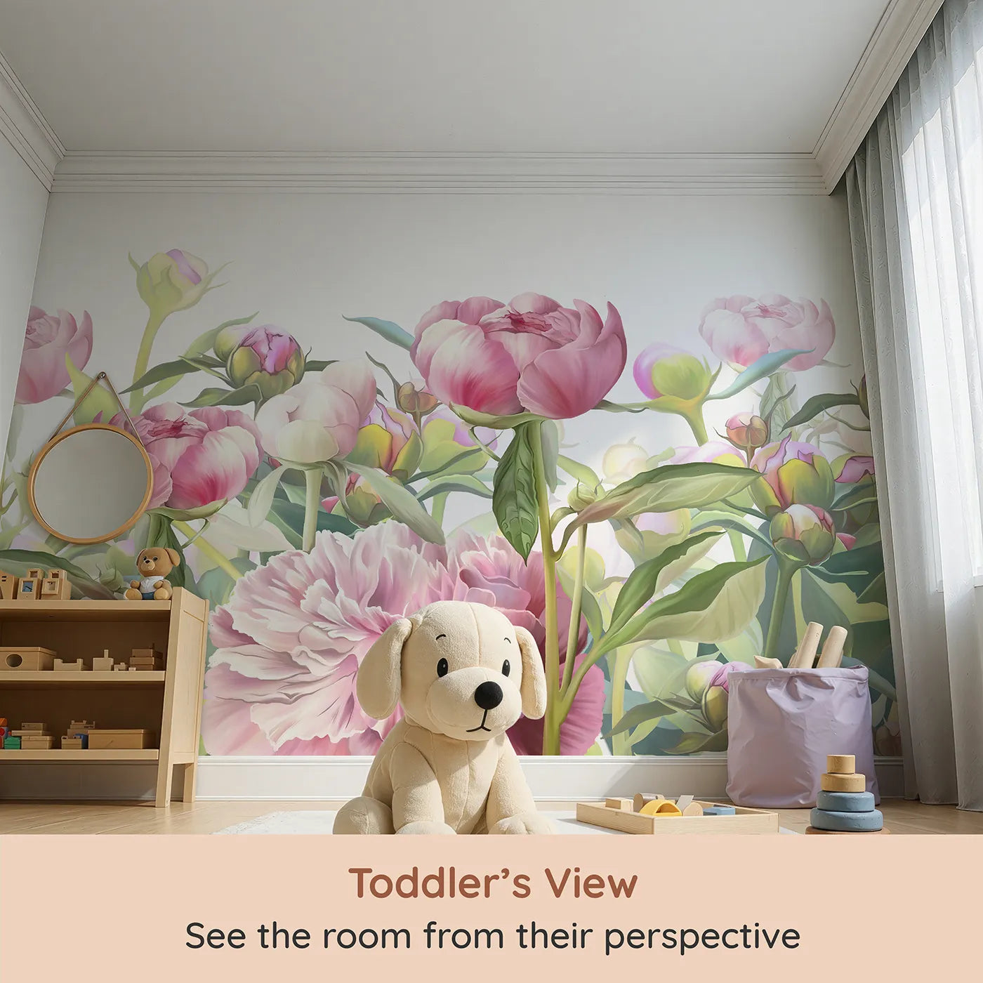Whimsy Tots Pink Peony Garden Wall Mural (Turn Their Room into a Breathtaking Peony Garden) from your child's view.Best for Girls
