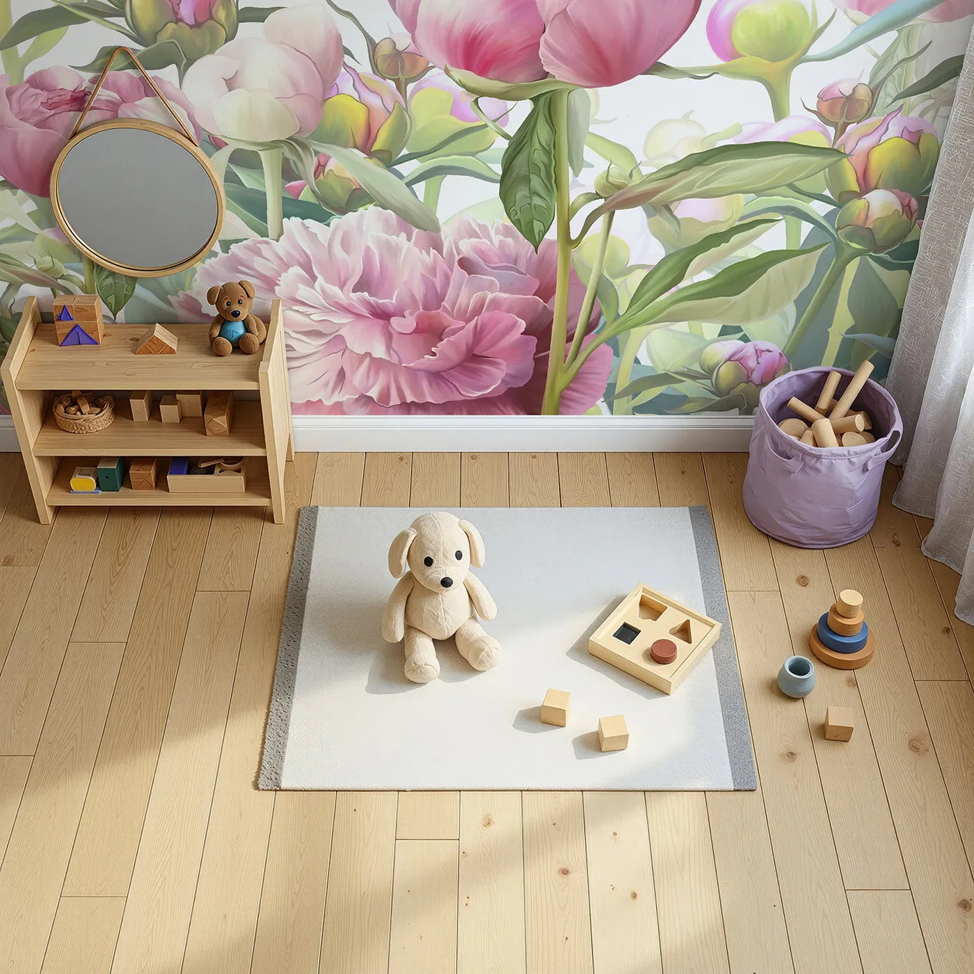 Top-down view of Whimsy Tots' Pink Peony Garden Wall Mural (Turn Their Room into a Breathtaking Peony Garden).Best for Girls