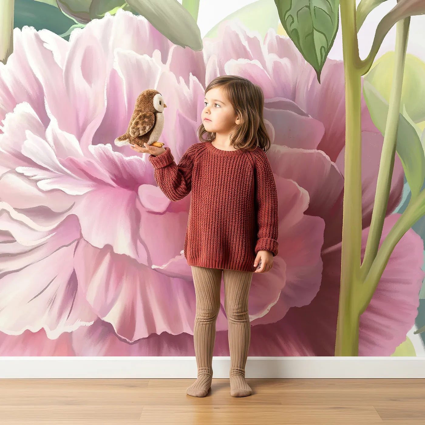 Child in front of Whimsy Tots Pink Peony Garden Wall Mural with peony, flower, pink, floral, garden, bloom, romantic, botanical in design.