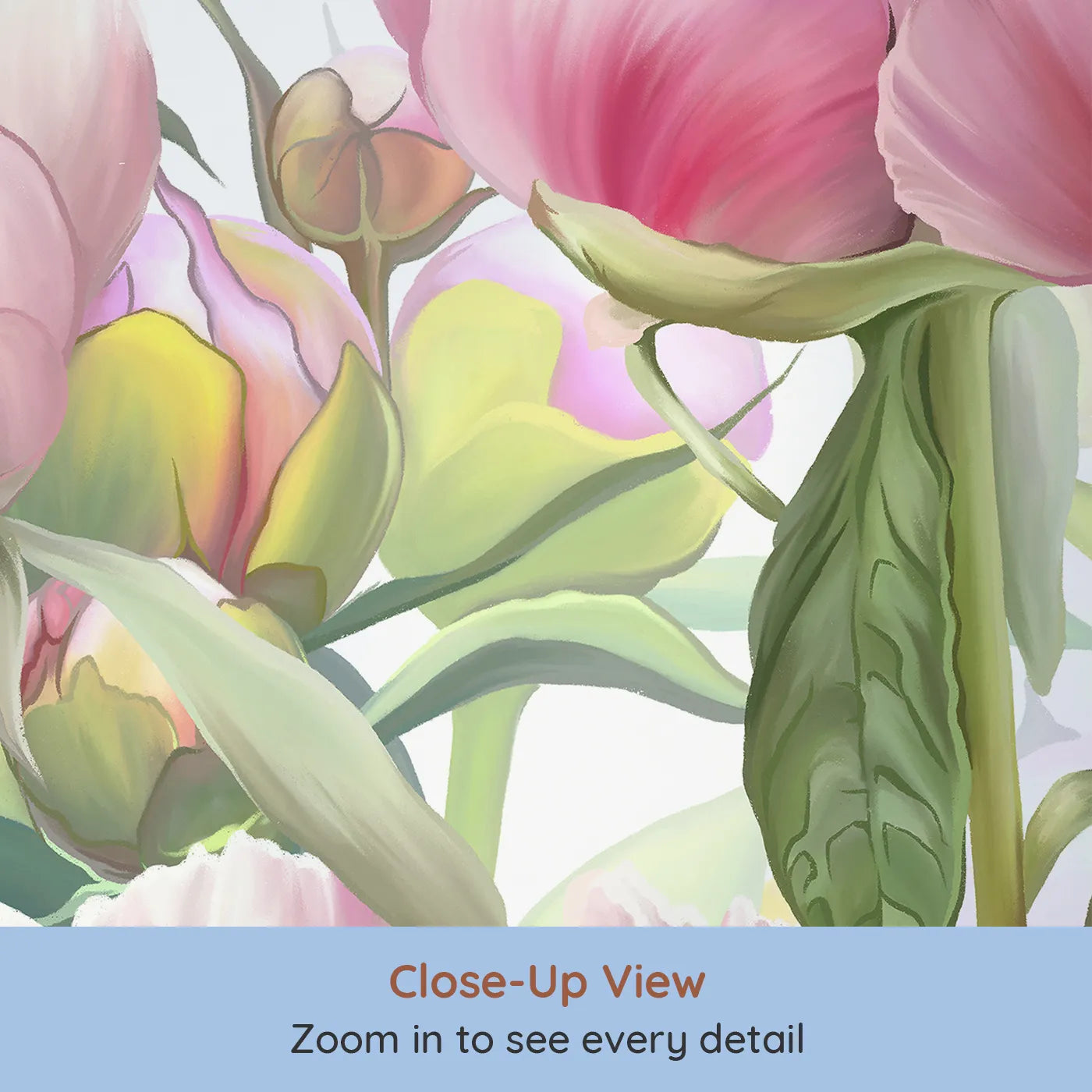 Close-up view of Whimsy Tots' Pink Peony Garden Wall Mural (Turn Their Room into a Breathtaking Peony Garden).Best for Girls