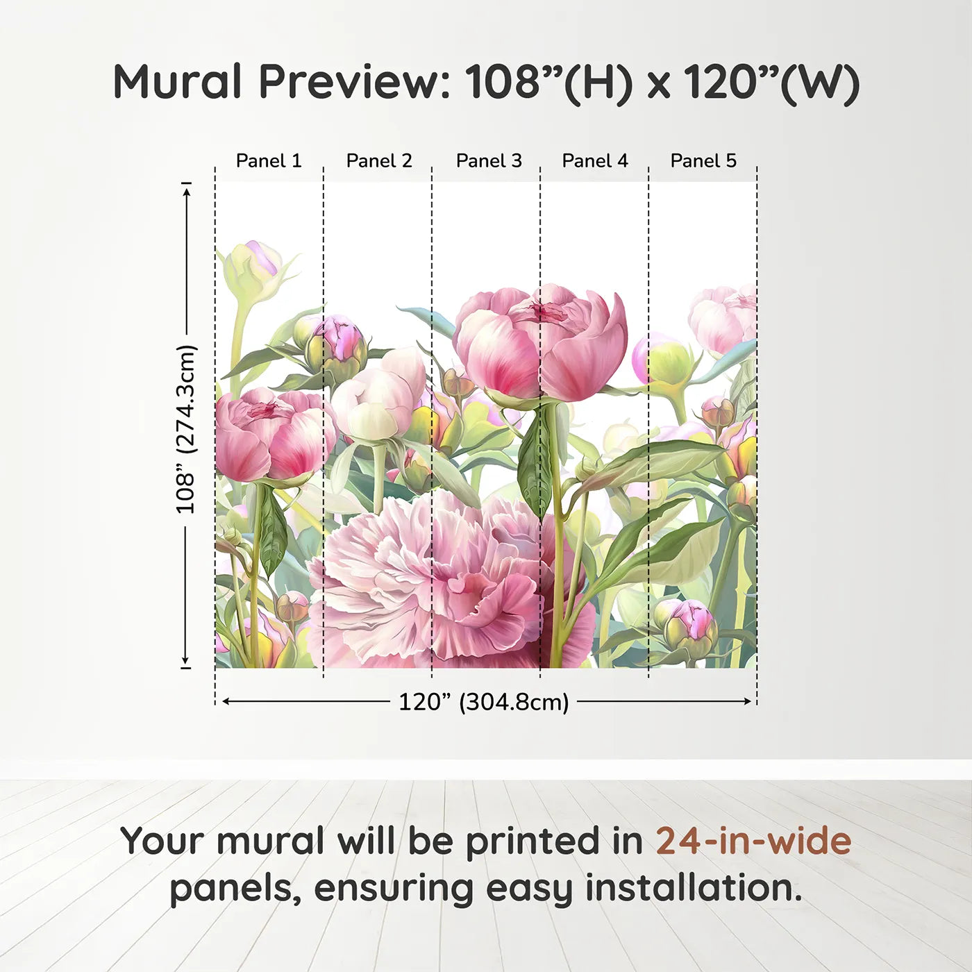 Whimsy Tots Pink Peony Garden Wall Muraldimension view (108" H x 120" W). Printed in five 24-inch-wide panels. Best for Girls