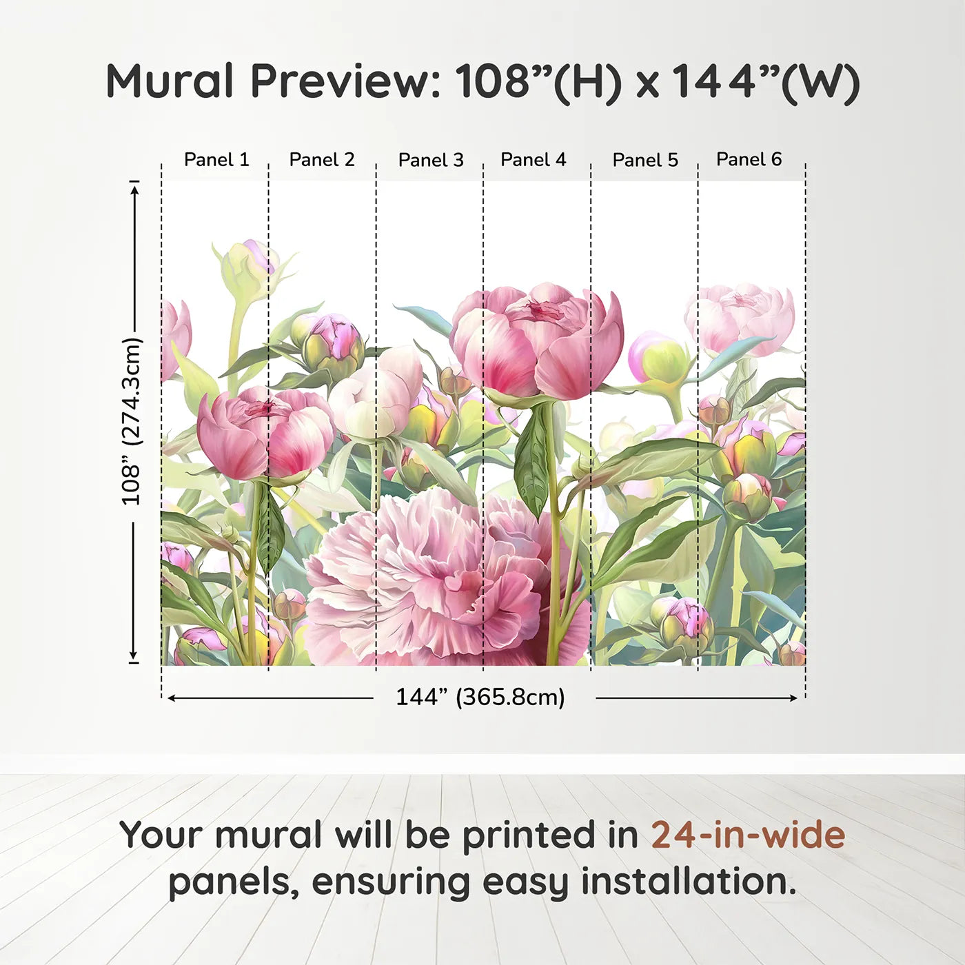 Whimsy Tots Pink Peony Garden Wall Muraldimension view (108" H x 144" W). Printed in six 24-inch-wide panels. Best for Girls