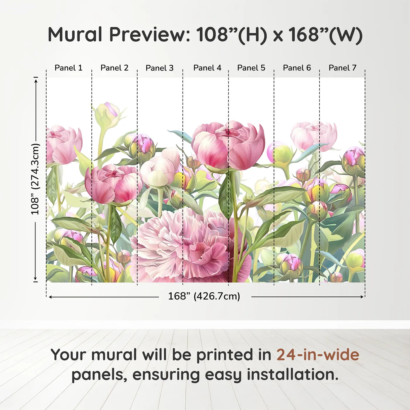 Whimsy Tots Pink Peony Garden Wall Muraldimension view (108" H x 168" W). Printed in seven 24-inch-wide panels. Best for Girls