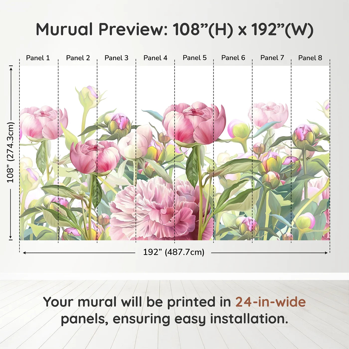 Whimsy Tots Pink Peony Garden Wall Muraldimension view (108" H x 192" W). Printed in eight 24-inch-wide panels. Best for Girls