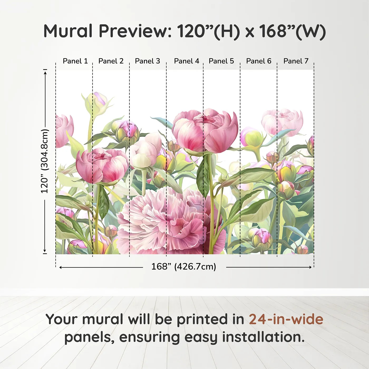 Whimsy Tots Pink Peony Garden Wall Muraldimension view (120" H x 168" W). Printed in seven 24-inch-wide panels. Best for Girls