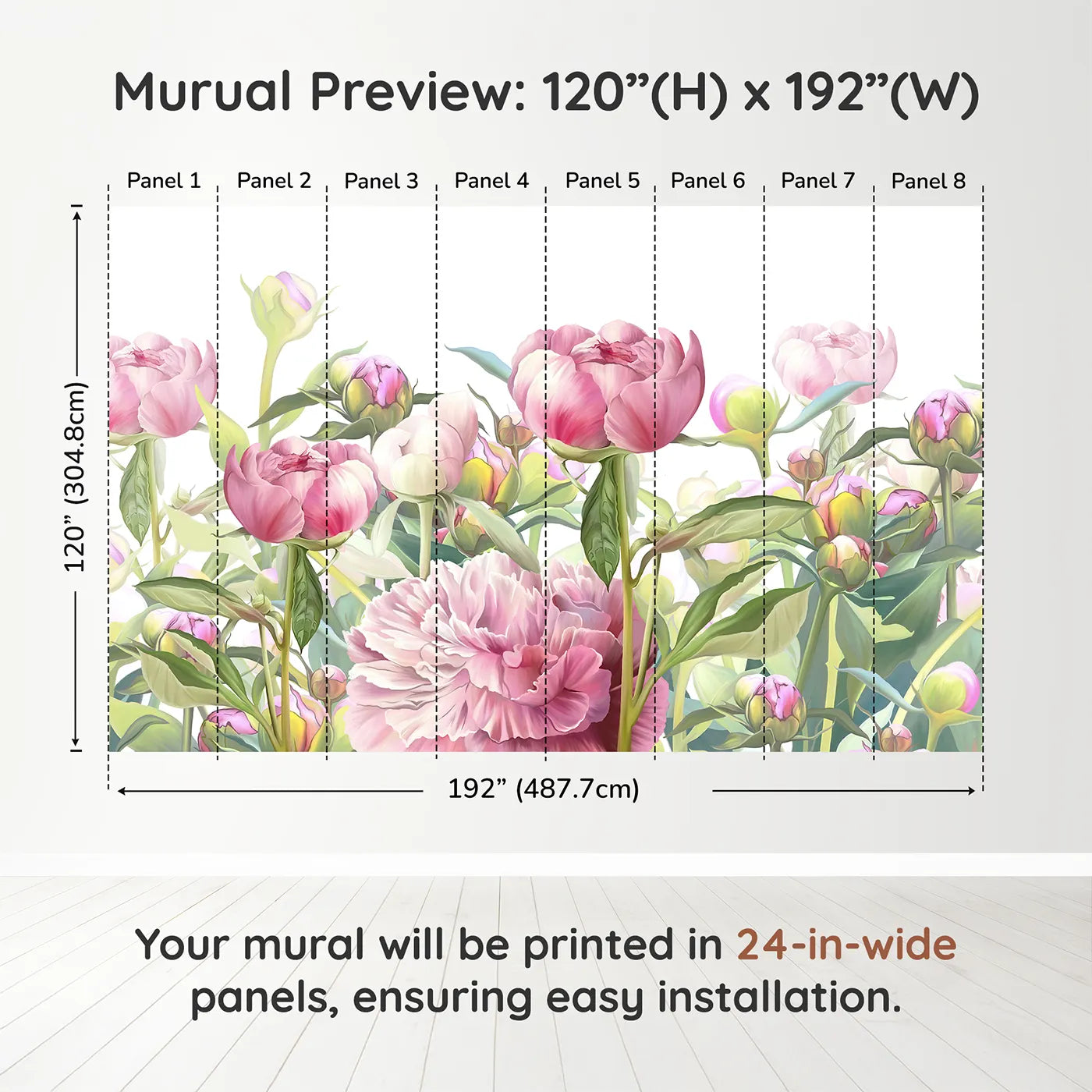 Whimsy Tots Pink Peony Garden Wall Muraldimension view (120" H x 192" W). Printed in eight 24-inch-wide panels. Best for Girls